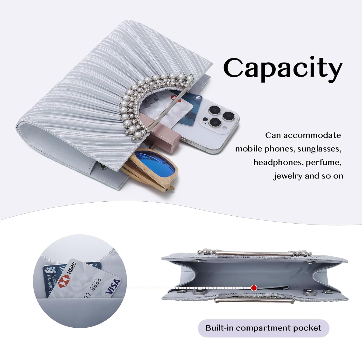 Emprier クラッチパース 女性用 プリーツ イブニングハンドバッグ チェーン付き ウェディングパーティー ポームカクテル用