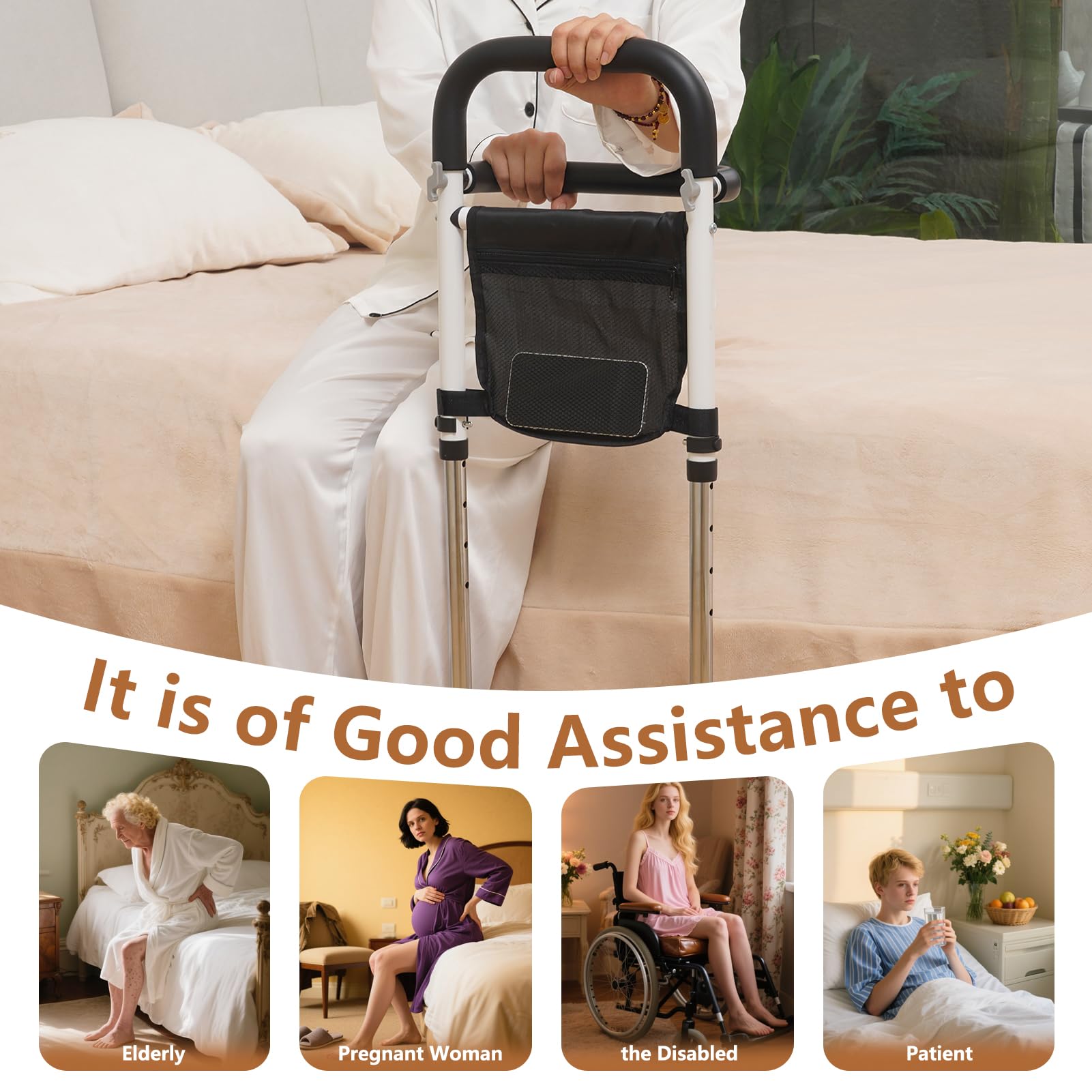 Ausili per Alzarsi dal Letto per Anziani, Altezza Regolabile su 5 Livelli, Supporto per Alzarsi da Letto/Divano/WC, con Tasca e Luce Sensoriale, Portata Massima 150 kg