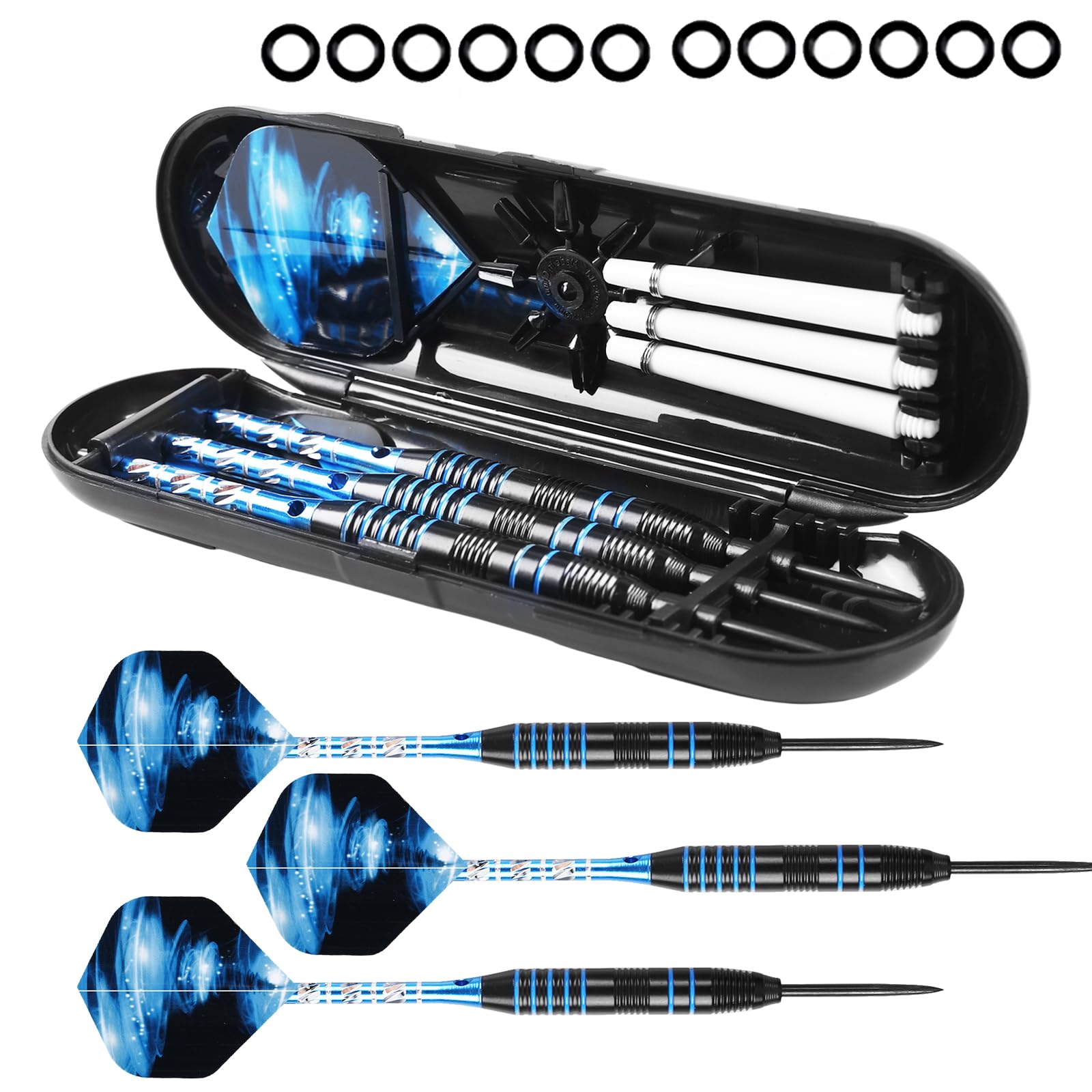 WIYETY Professional Darts with Metal Tip, 22 g, 3 Pieces Darts with Metal Tip, Darts Metal Tip Professional, Steel Darts Set 3 Aluminium Shaft + Extra 3 Dart Flights (Blue)