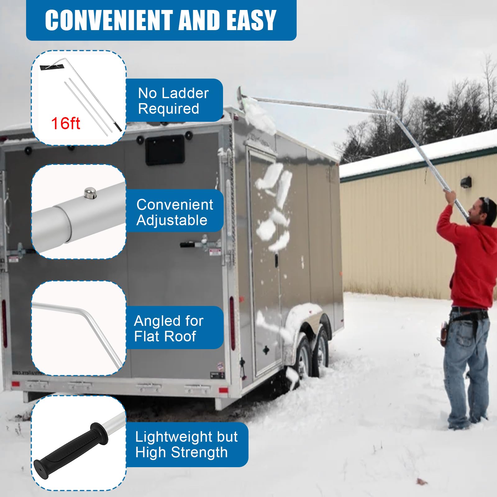 OUTPRIZE Flat Roof Snow Rake, 4.816FT Aluminum Detachable Angled Snow