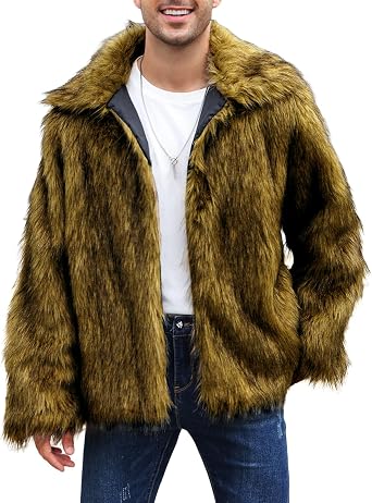 Yimoon Mens Faux Fur Coat Winter Luxury Fluffy Jacket Warm Lapel Collar Furry Parka Jacket Overcoat