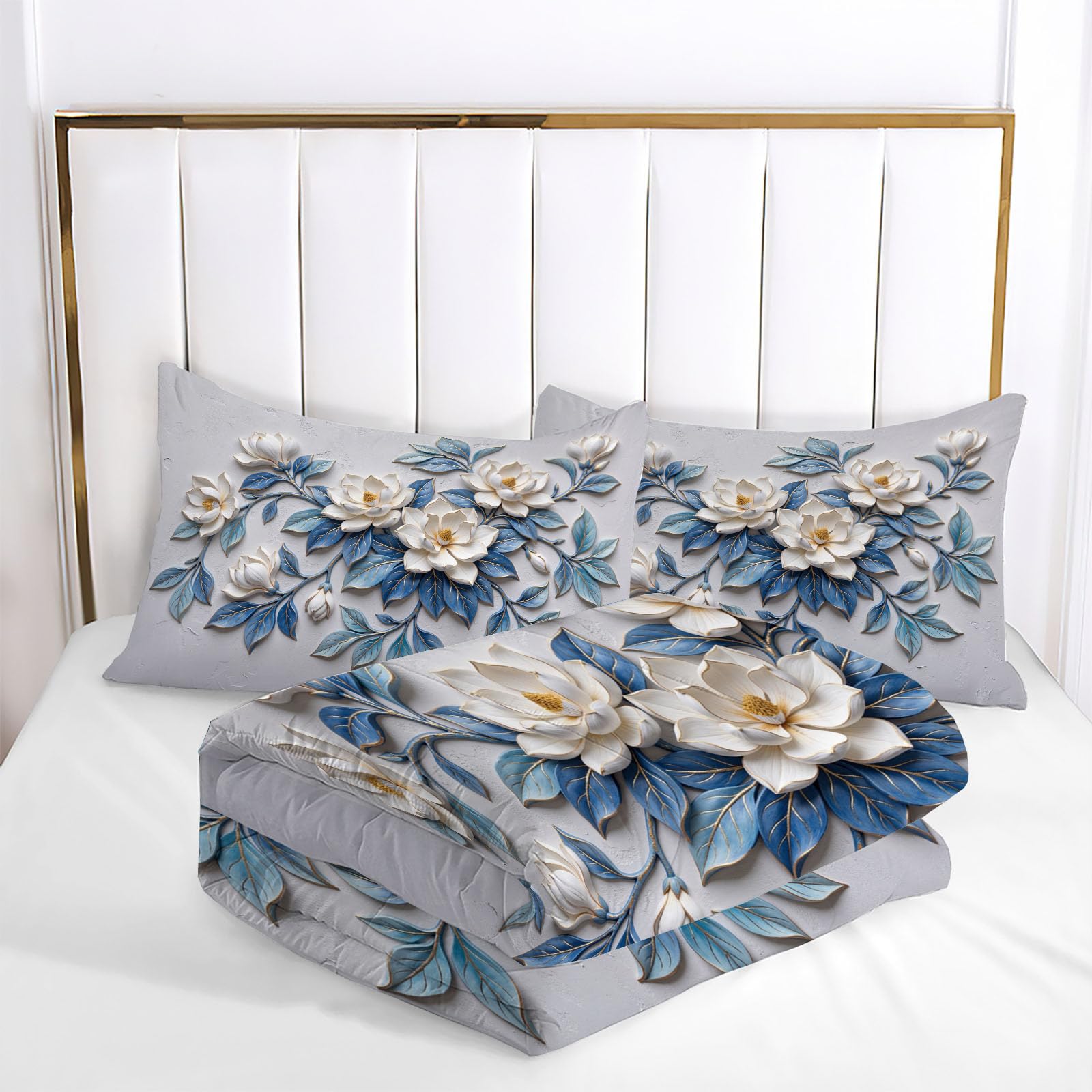 Bettdecke 264X240 cm 4 Jahreszeiten, Nebelblau Französische Blumen Steppdecke, Magnolienzweige Und -Blätter Warme Ganzjahresdecke Bettdecke Ohne Bezug Waschbar Schlafdecke Mit 2 Kissenbezug