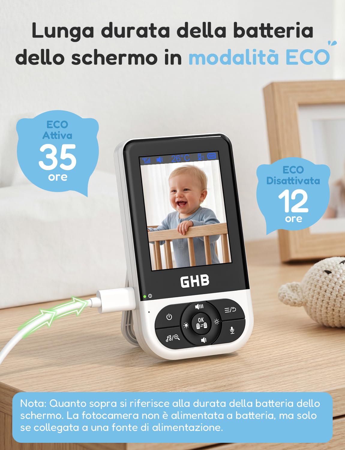 GHB Baby Monitor Video e Audio 2,8'', Telecamera Bambini con Monitor Visione Notturna, Audio Bidirezionale, Rilevamento della Temperatura, Promemoria per l'alimentazione, Ninna Nanna, Nero