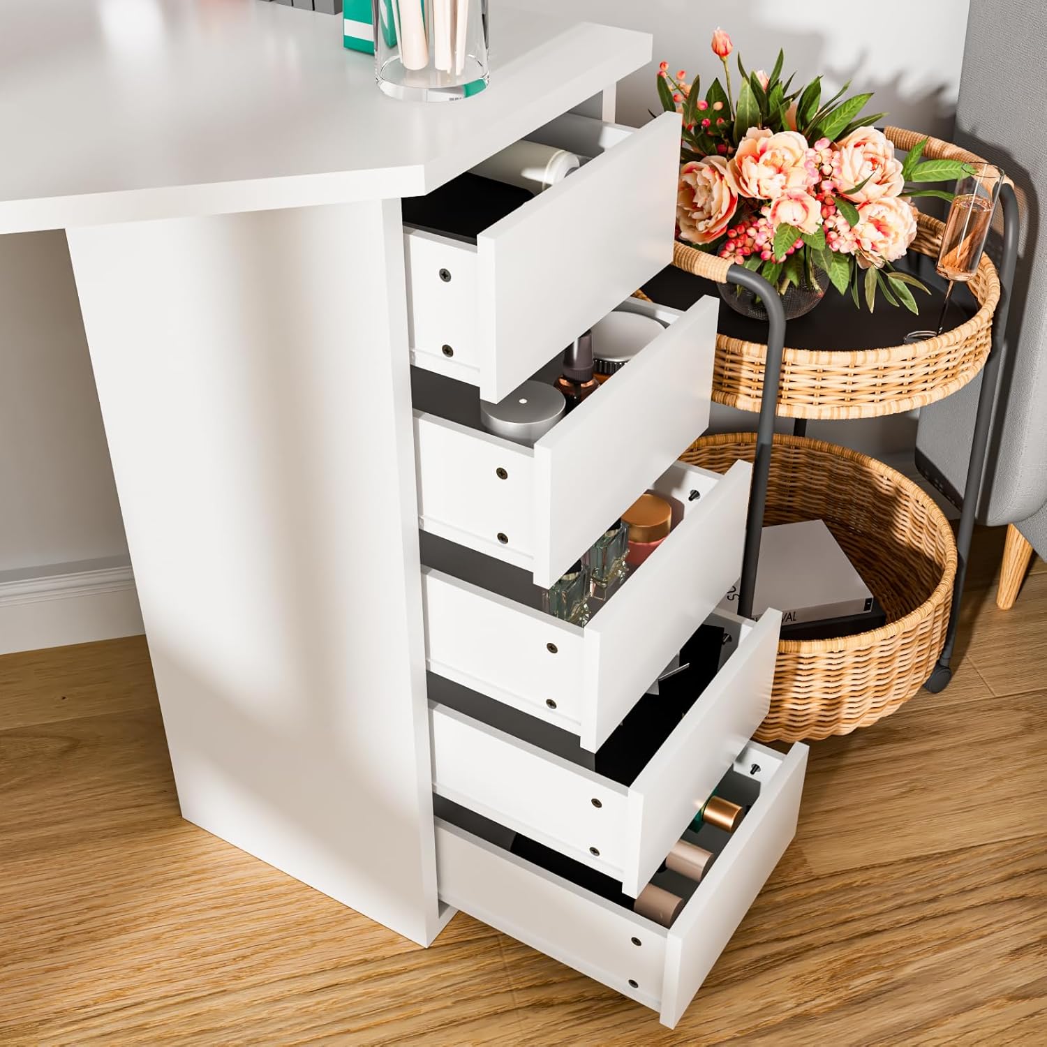 Corner Makeup Vanity Desk with Mirror and Lights - White Vanity Table with 3 Lighted Mirrors 5 Drawers Bedroom Makeup Table with Storage Shelf 44'' Dressing Table for Women Girls