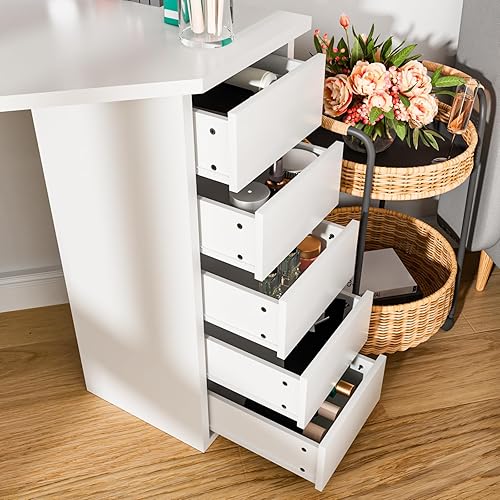 Miniatura 5 de Escritorio esquinero de maquillaje con espejo y luces, mesa de tocador blanca con 3 espejos iluminados, 5 cajones, mesa de maquillaje