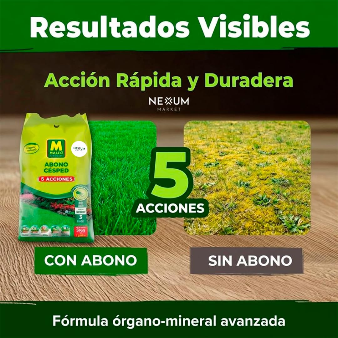 Abono Césped Granulado con 5 Acciones | Aplicación Directa a Mano de Liberación Lenta | Revitaliza y Mantiene Césped | Anti-Musgo, Reverdecedor y Fertilizante | Nexum Market (6 KG)