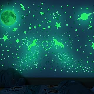 BuyWeek Adesivos de parede luminosos, 899 peças, estrelas, lua, brilha no escuro, decalques de parede para quarto de crianças, quarto de crianças, decoração de casa (verde luminoso)