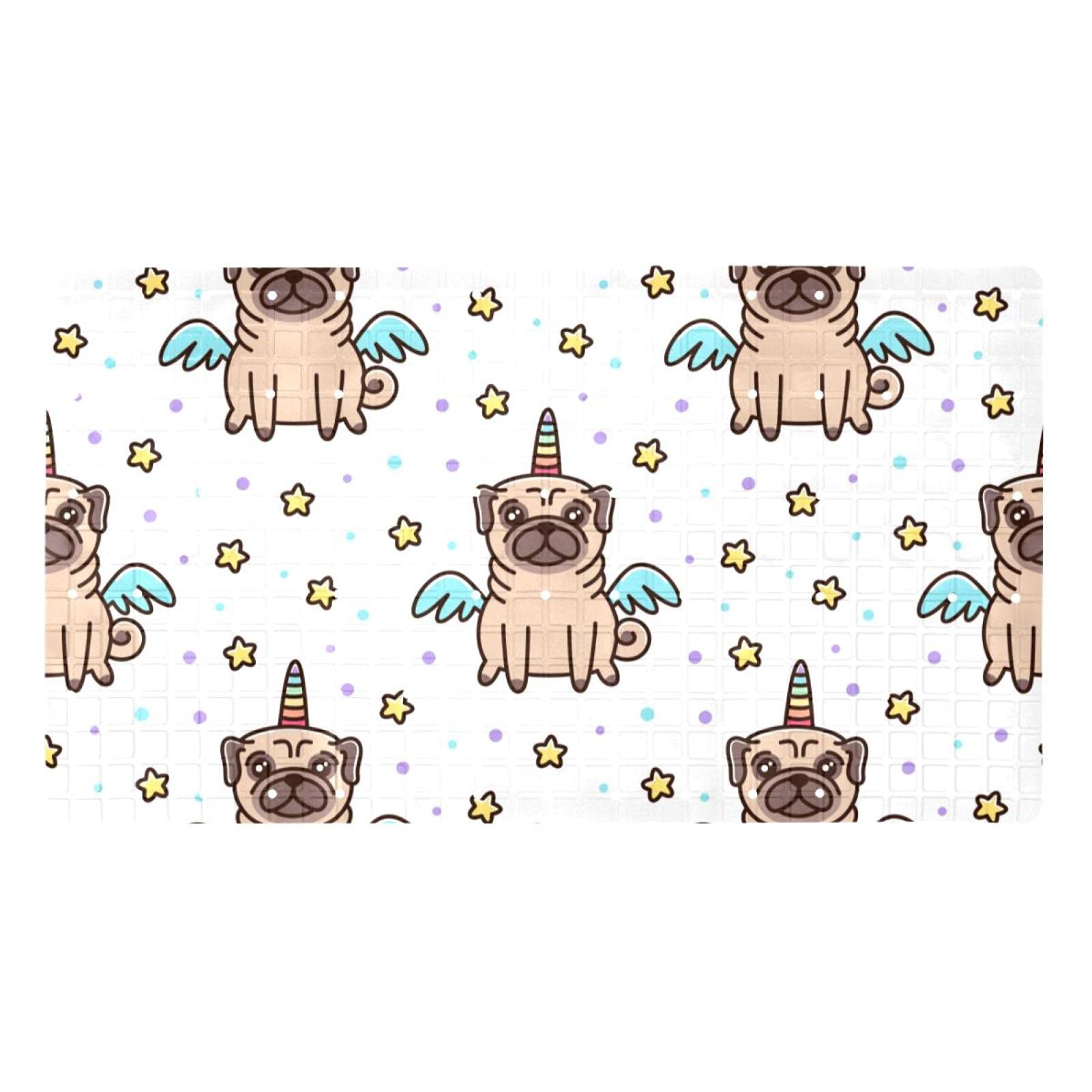 Rutschfeste Badematten mit niedlichem Mops-Motiv, Einhorn-Motiv, Sterne, Flügel, für Badezimmer, rechteckige Badewanne, maschinenwaschbar, 40 x 70 cm