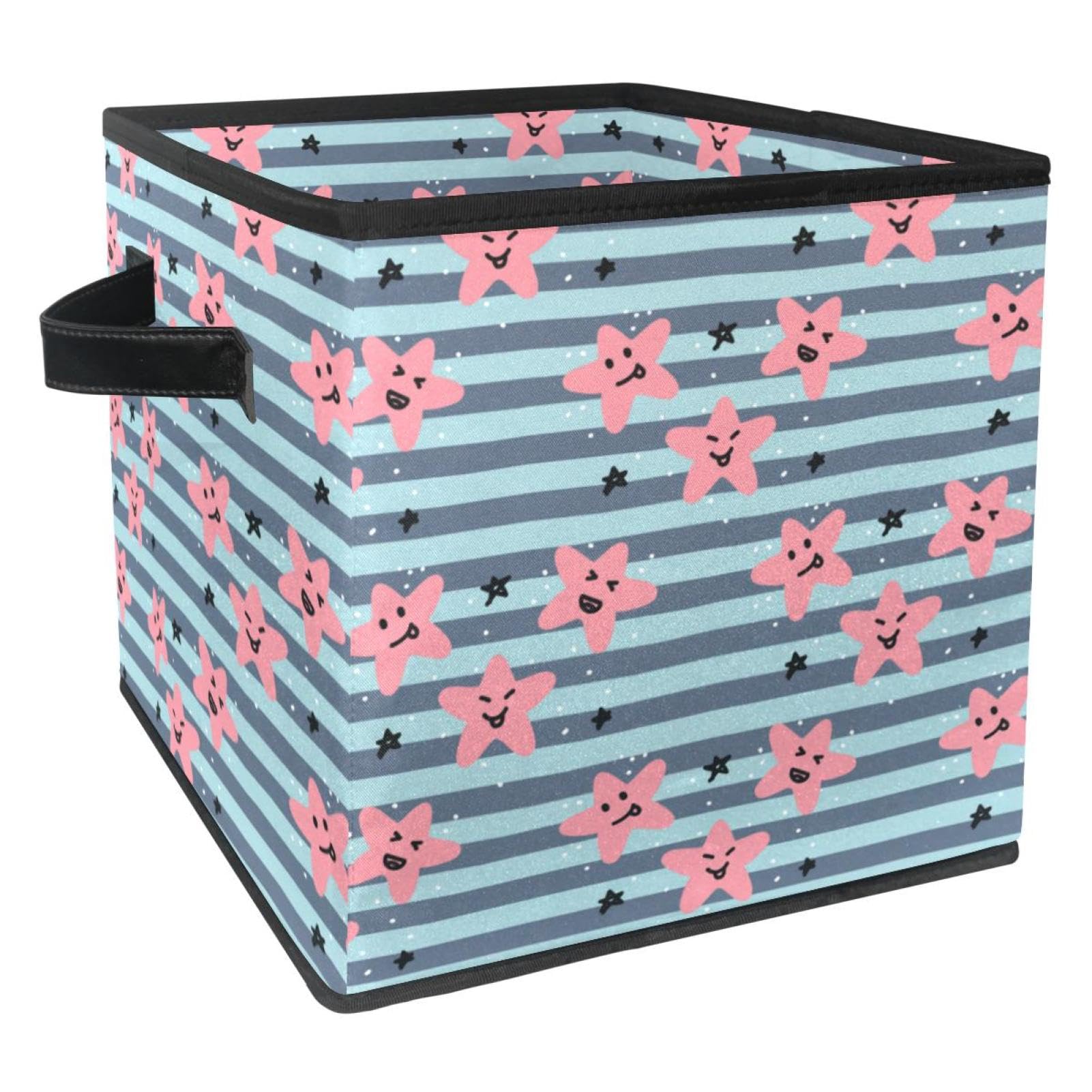 Boîte de rangement pliable avec poignées et motif étoiles souriantes en tissu
