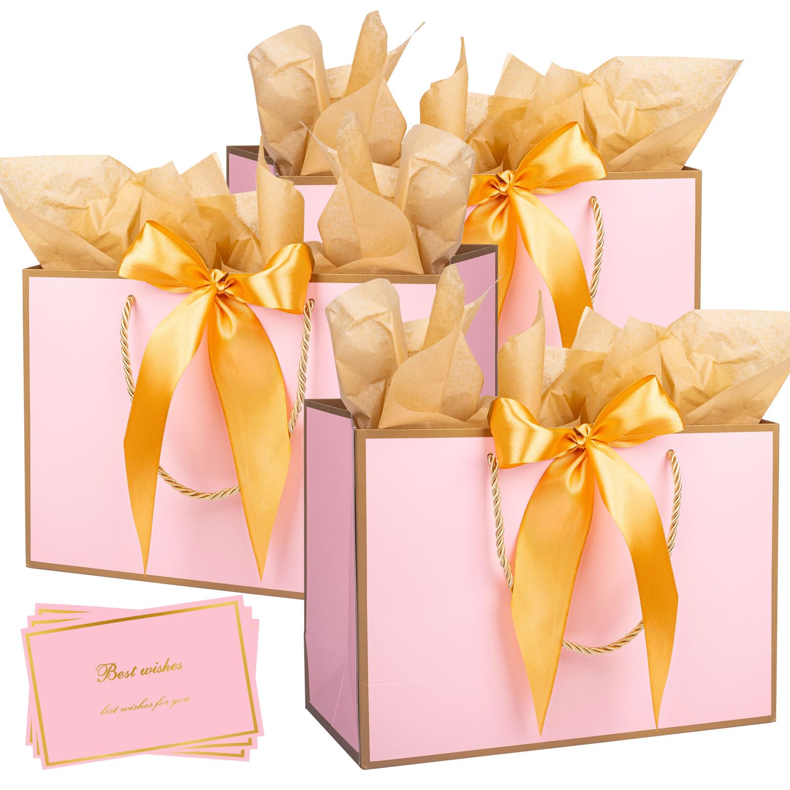 Gift Bags with Handles, 3 Packs Medium Paper Present Bags, Includes 6 Tissue Paper and 3 Greeting Cards for Kids Adult Men Women's Birthday, Wedding, Valentines, Bridesmaid Party (Pink Gold - 3pcs)