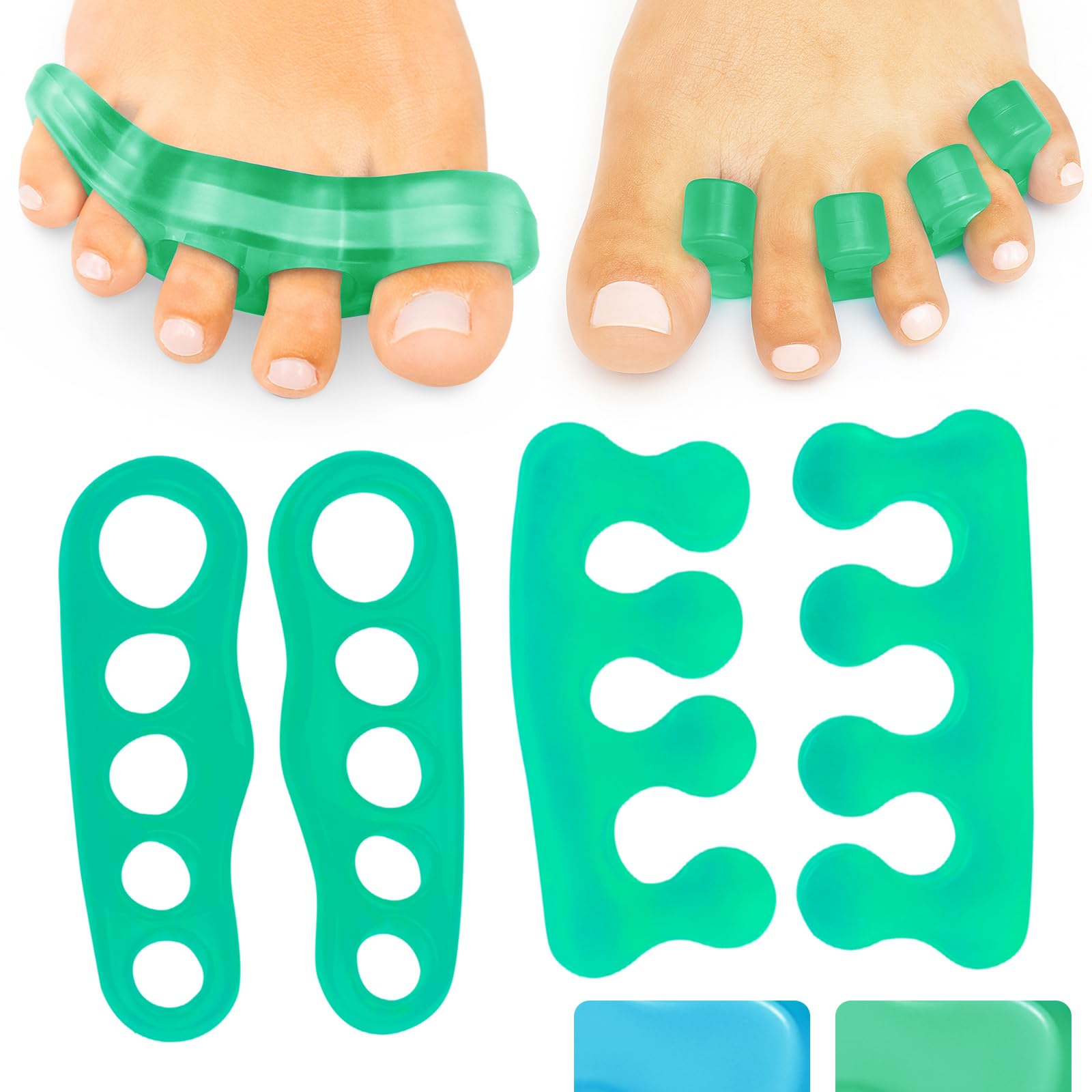 ViveSole Toe Stretchers (4 Pieces) - Silicone Gel Separators - Therapeutic Spa Spreaders for Plantar Fasciitis, Bunions, Overlapping Hammer Toe Spacers - Metatarsal Yoga Cushion (Green, Medium)