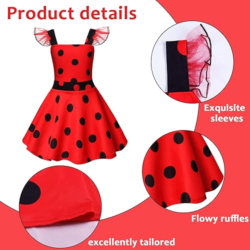 Miniatura 4 de Tevxj Conjunto de disfraz de mariquita y lunares para niñas, máscara y guantes, tocado, calcetín, disfraz de mariquita, fiesta de máscaras, disfraz