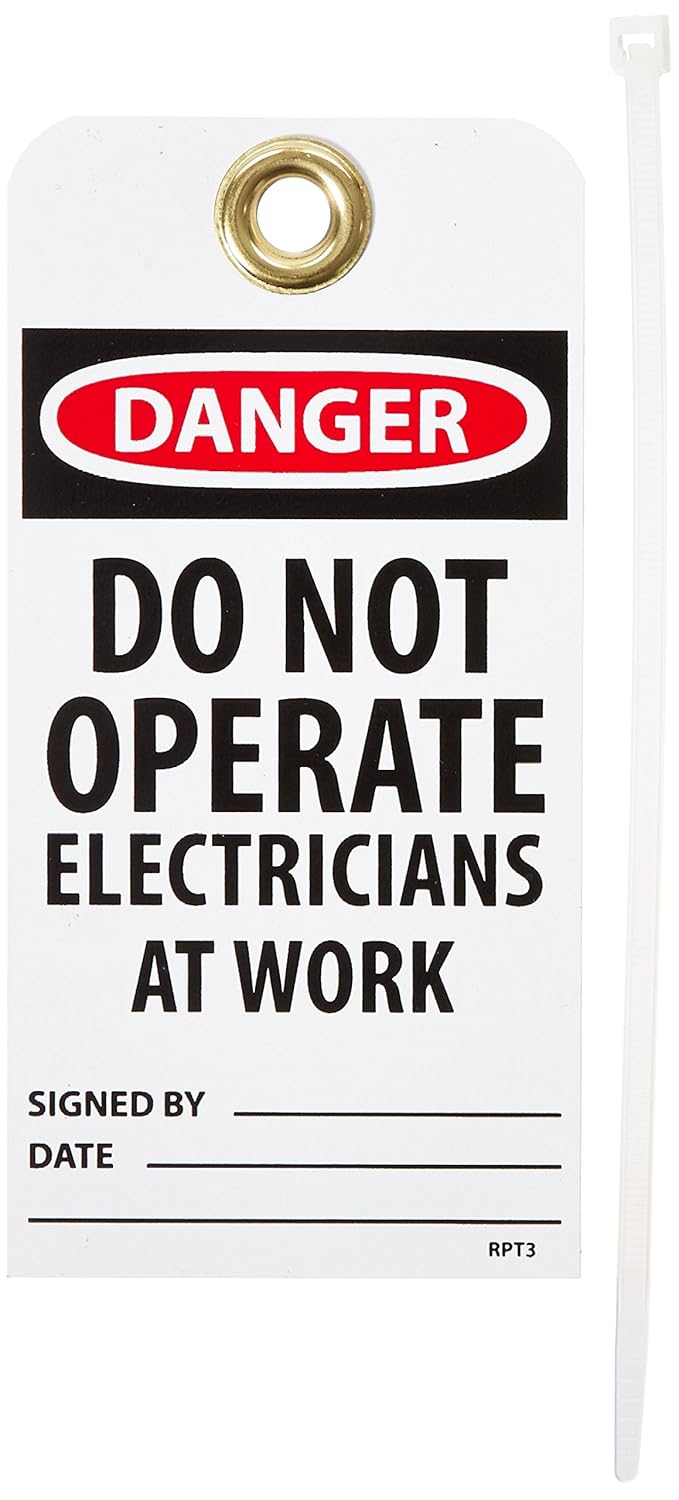 NMC RPT3G "Danger - DO NOT Operate Electricians AT Work" Accident Prevention Tag with Brass Grommet, Unrippable Vinyl, 3" Length, 6" Height, Green, Black/Red on White (Pack of 25)