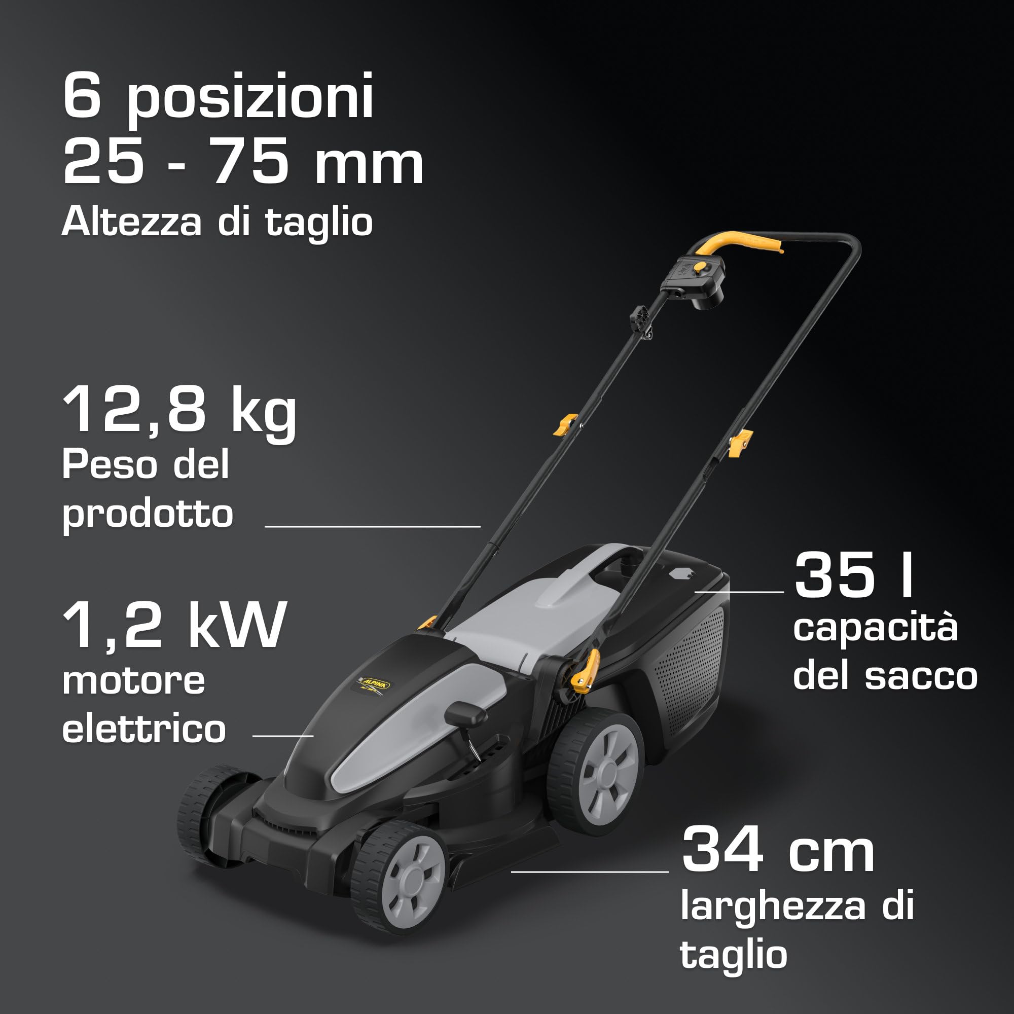Alpina Rasaerba elettrico AL1 34 E - Motore da 1200 W, larghezza di taglio 34 cm, 6 altezze di taglio, cassetta per l'erba da 35 L