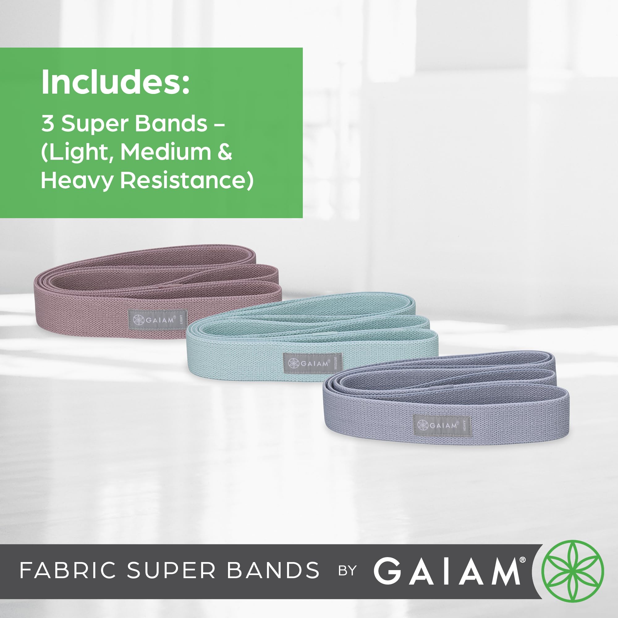Gaiam Fasce di resistenza in tessuto (confezione da 3), elastici per esercizi in gomma e poliestere, per squat, trazioni, fisioterapia e allenamento della forza, per yoga, pilates, palestra o