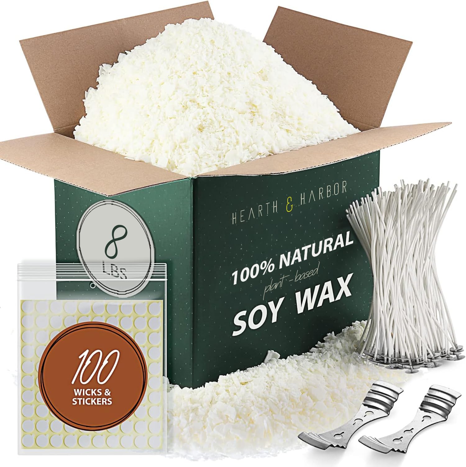 Hearth & Harbor Soy Candle Wax for Candle Making - Natural Soy Wax for Candle Making 8 lb Bag, Premium Soy Wax Flakes, 100 Cotton Candle Wicks, 100 Wick Stickers, & 2 Centering Devices