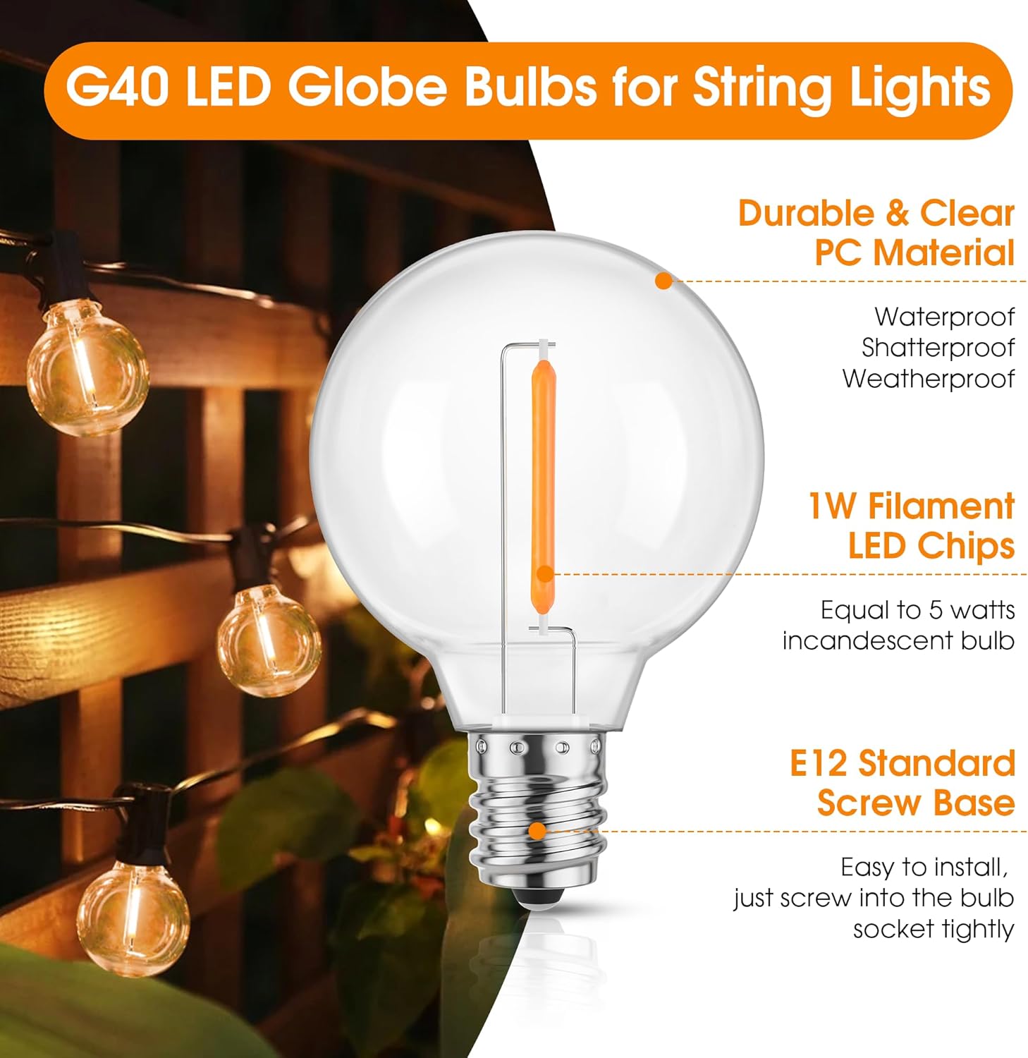 Mlambert G40 Replacement LED Light Bulbs, Waterproof Clear Globe Bulbs fits E12 Candelabra Bulb Base, 1W Equvalent to 5W Incandescent Bulb for Indoor Outdoor Patio String Lights, Amber Warm，25 Pack