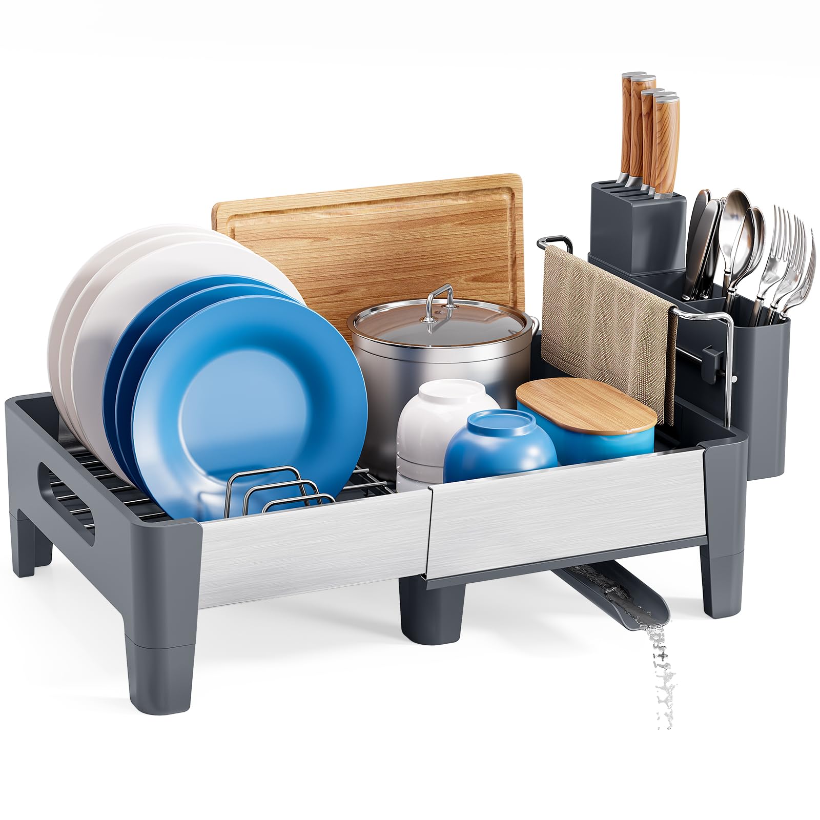 Urackify Escurridor de Platos, Gris | Extensible, Acero Inoxidable, Aluminio, Soporte Utensilios Extraíble, para Encimera