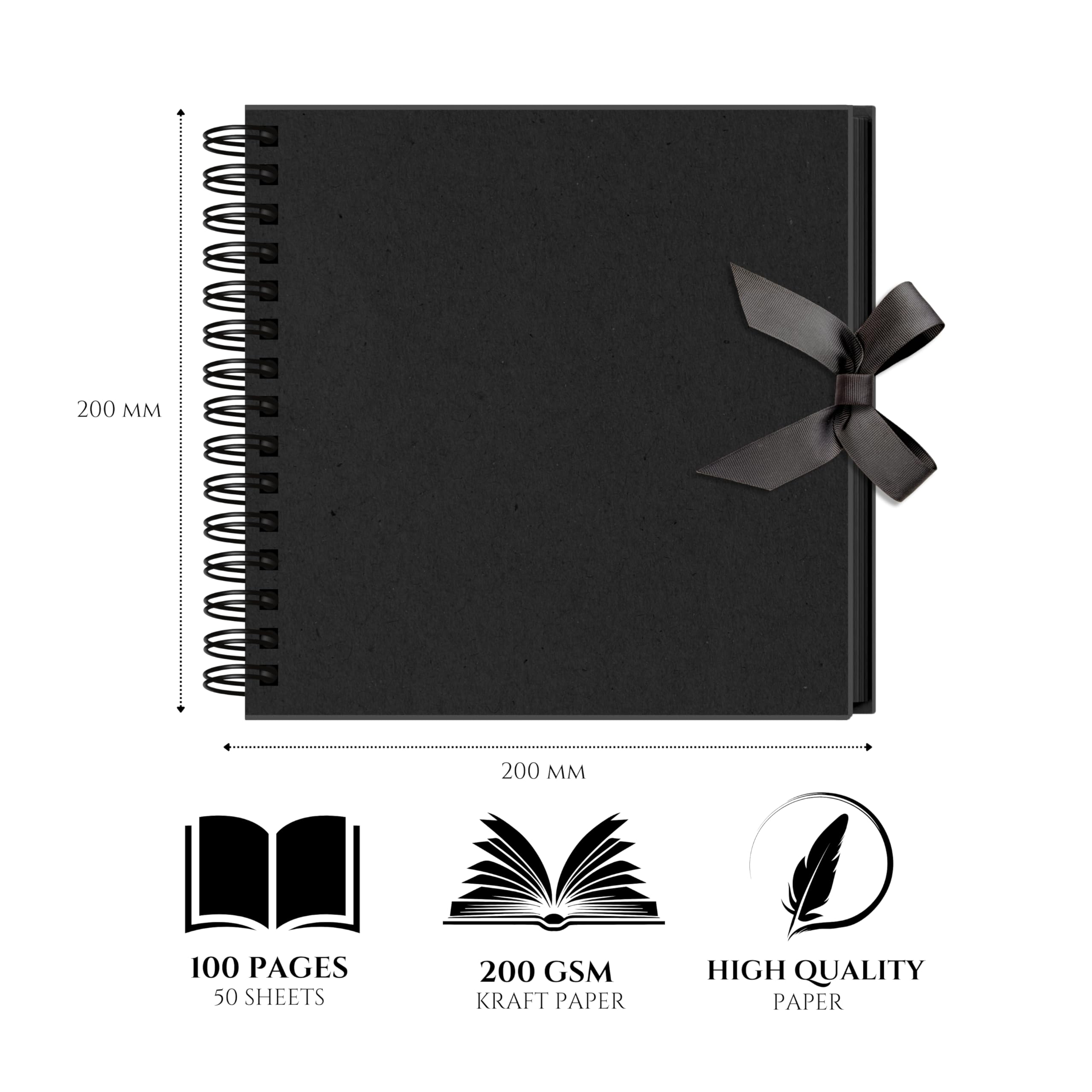 Scrapbook Photo Album 100 Pages (20 x 20 cm), Black Spiral-Bound Kraft Paper, Hard Cover with Ribbon Closure - Image 2