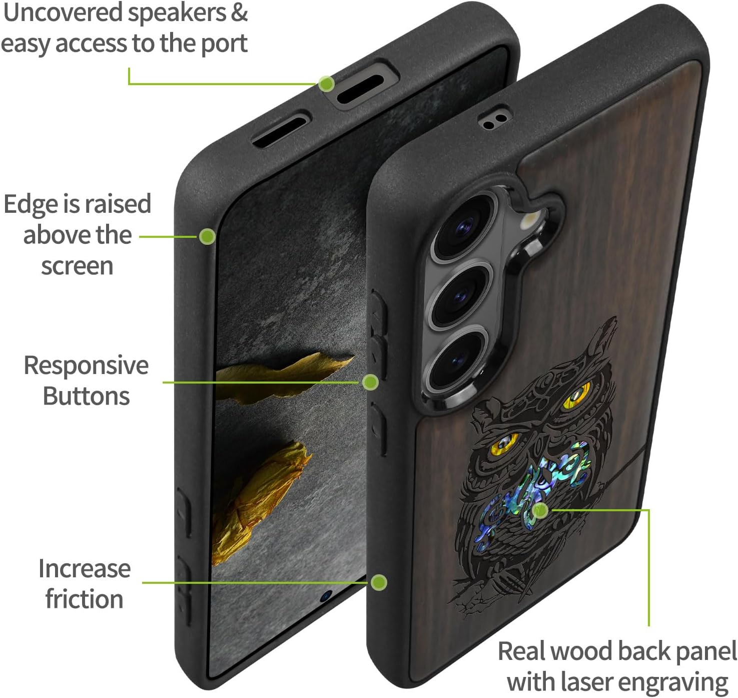 Carveit Magnetic Wooden Case for Samsung Galaxy S26 Case, Wood Artisan Engraved & Handmade Shell Inlaid, Compatible with MagSafe Wireless Chargers (an Owl Perched on a Branch) Blackwood