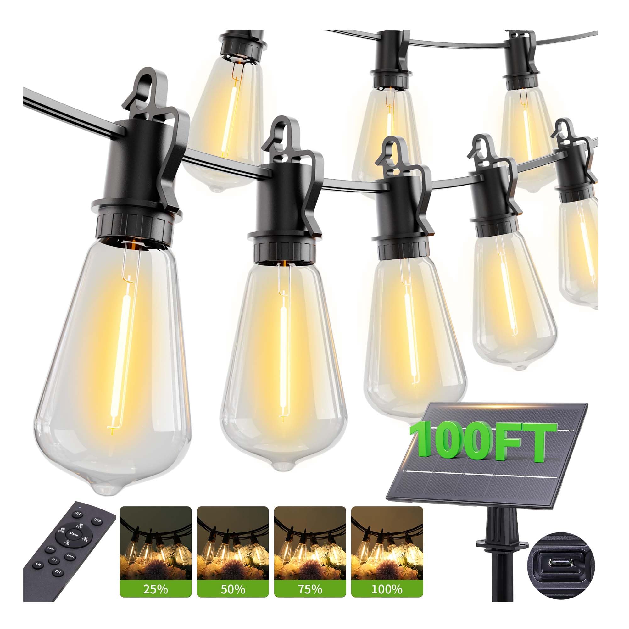 Luci solari da 30,5 m per esterni, 30 + 2 lampadine, infrangibili, impermeabili, con telecomando ST38 vintage, lampadine Edison vintage, luci da appendere per esterni