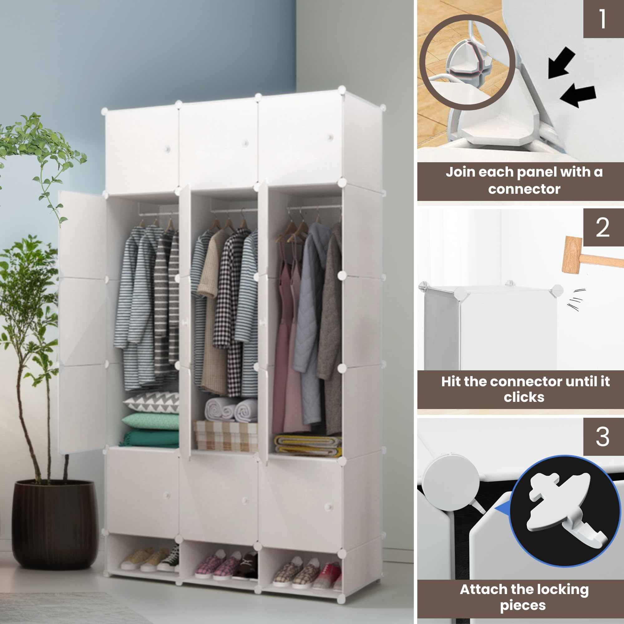 MAGIC SELECT Armario Modular. Estantería de Módulos. Organizador Modular de Ropa. Ropero para Hogar. Estante de Almacenamiento para Dormitorio, 18 Módulos, 2 Barras, 192x105 cm.