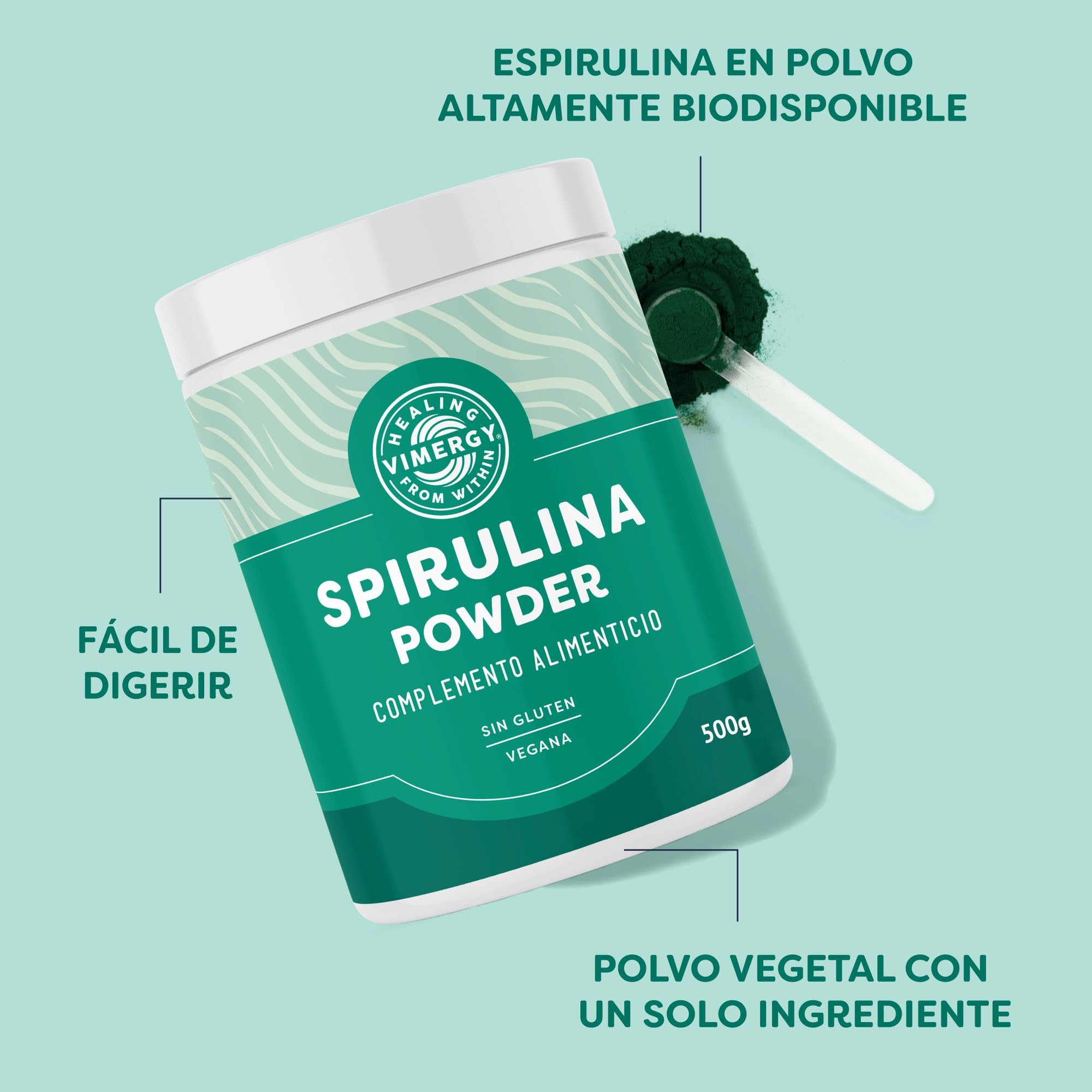 Vimergy Spirulina Powder – 500 g, 166 Dosis – Espirulina en Polvo de Fácil Digestión y Rápida Absorción – Suplemento Vegano - Formulado sin Antiaglomerantes, Rellenos ni Colorantes – Sin OMG ni Gluten