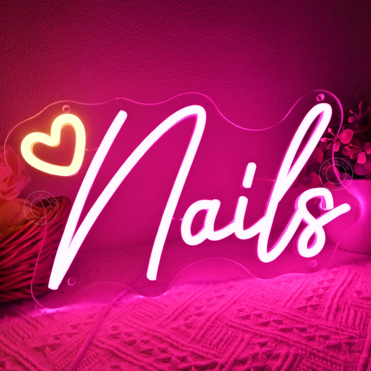 SYLHOME Led Neon Light Sign Nails With Heart Nail Studio Beauty Salon Business Makep Room Wall Sign Decor Birthday Party Backdrop 11.81" X 6.7" USB - Image 2