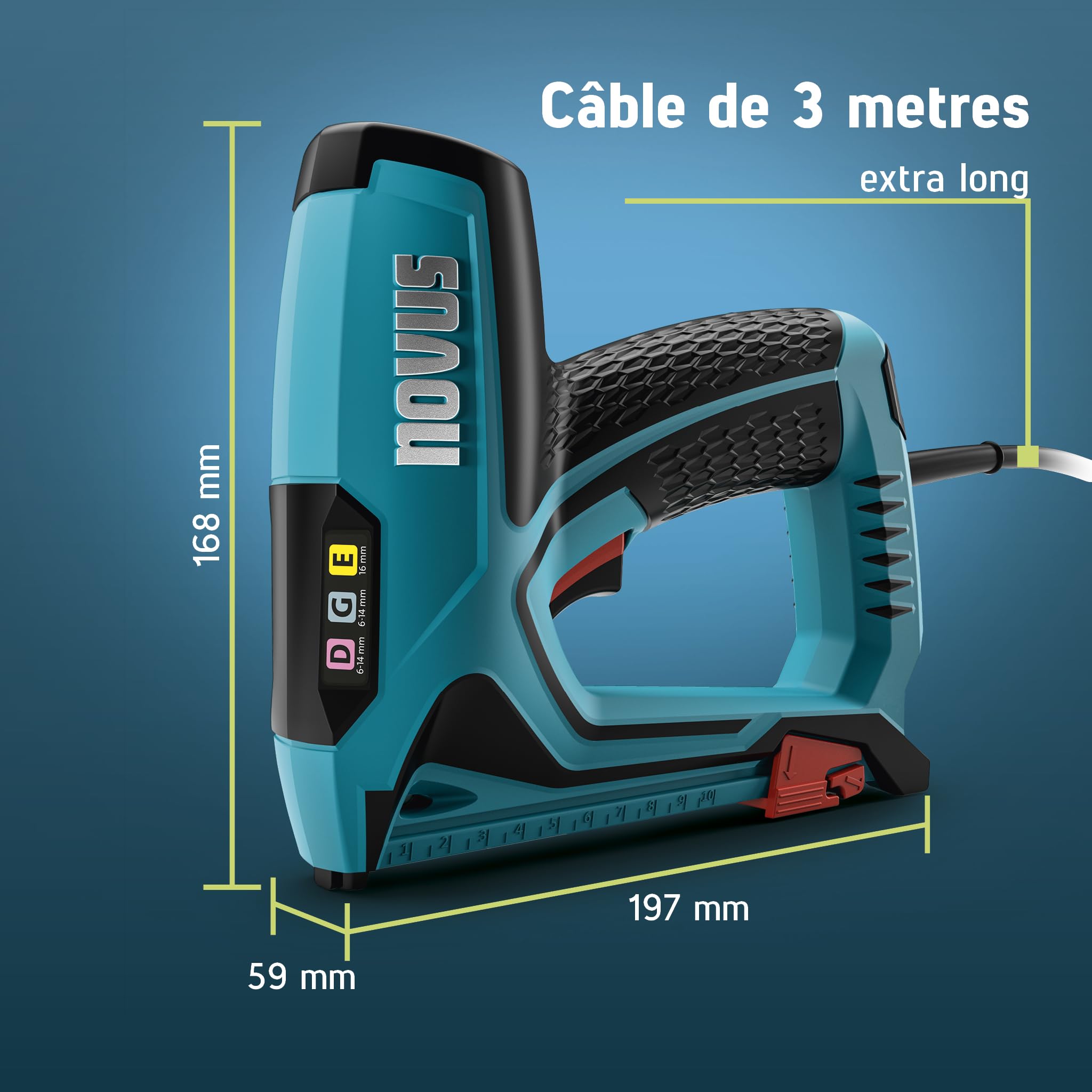 NOVUS TOOLS Agrafeuse électrique J-151 Kit avec 1200 agrafes | Agrafeuse et cloueuse pour agrafes en fil plat 6-14 mm et clous 16 mm │ Avec réglage électrique de la puissance de frappe