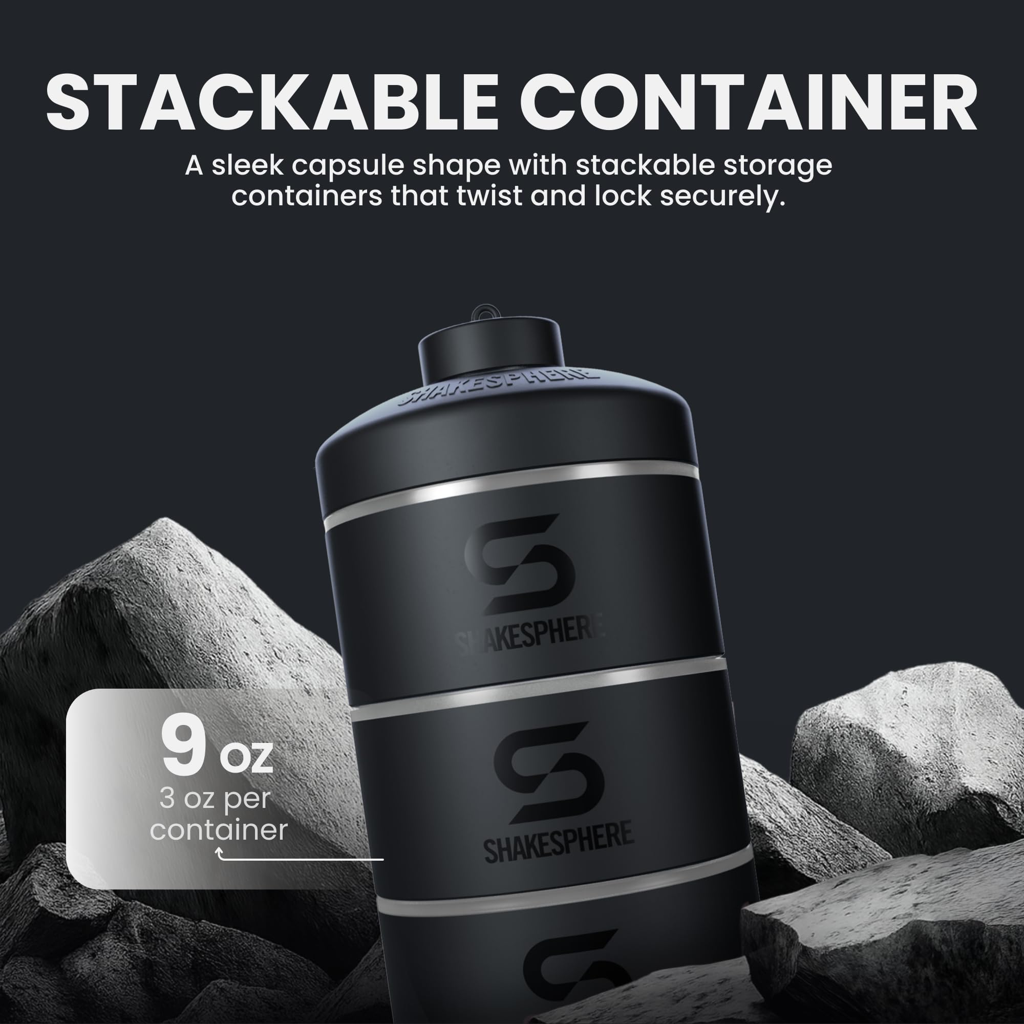 ShakeSphere Conteneurs empilables – Organiseur pour collations, poudres de protéines, Noix et suppléments – 3 Supports Anti-Fuite – Rangement Portable pour Bureau, Salle de Sport et Voyage (givré)