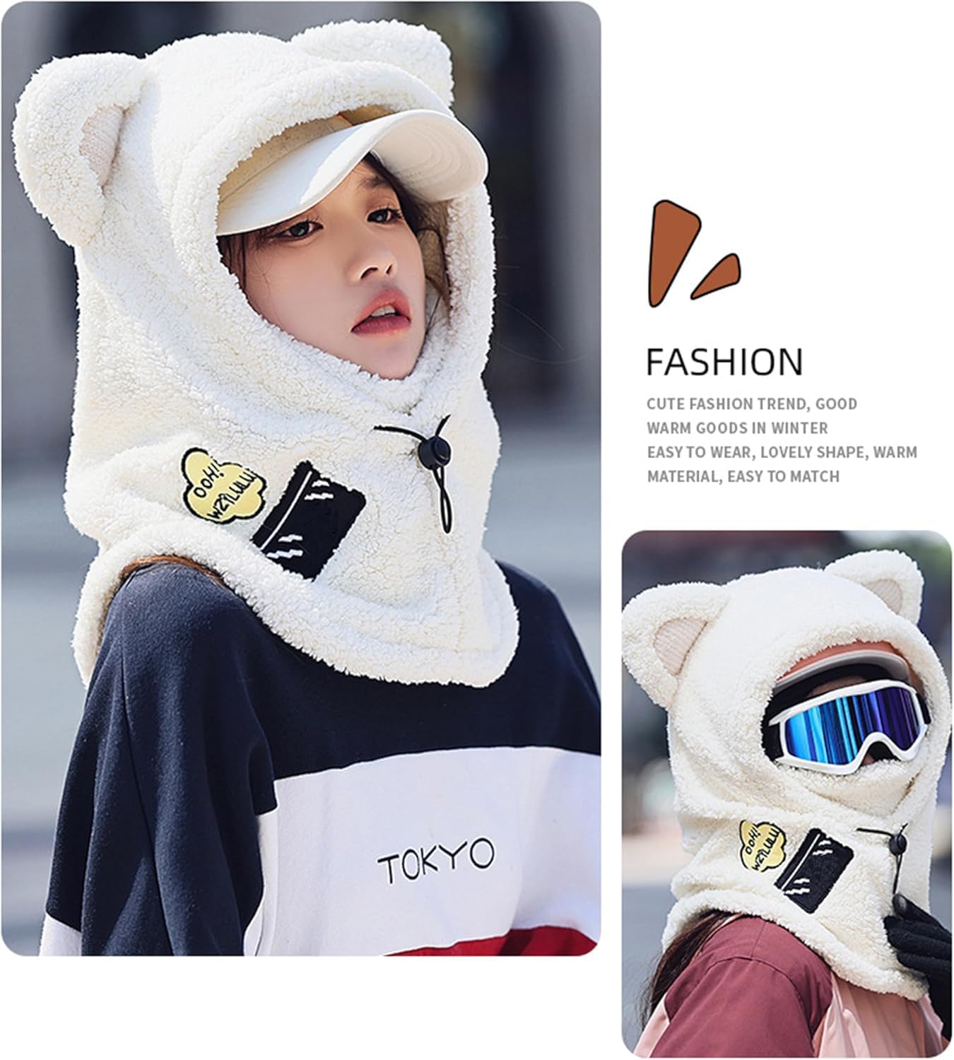 ThiCc Capuche Sherpa pour femme – Chapeau mignon avec oreilles de lapin et de chat en peluche pour l'hiver, l'équitation, le ski, la cagoule coupe-vent pour temps froid, capuche chaude réglable