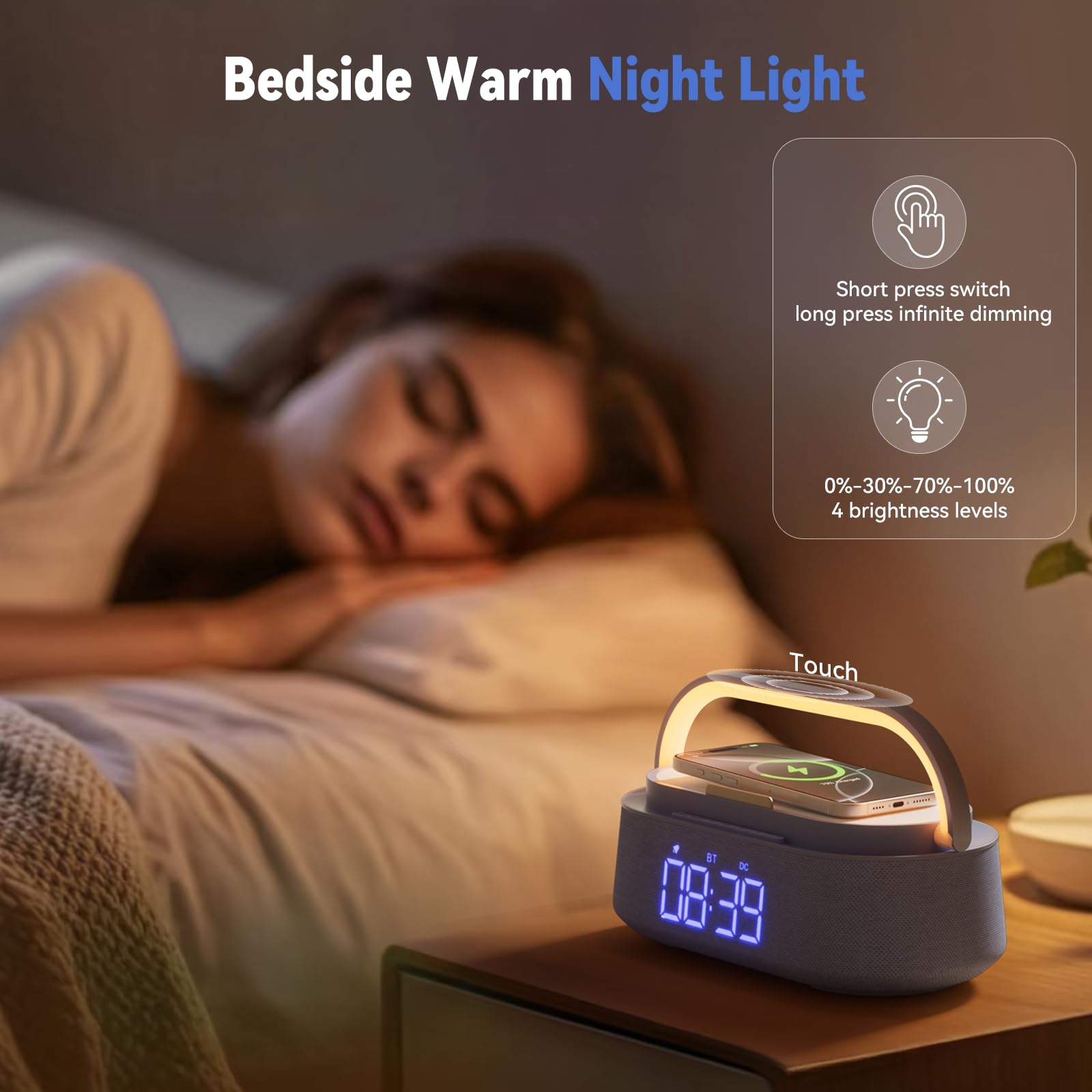 FREEFISH Altavoz Bluetooth con cargador inalámbrico, radio FM, luz nocturna LED ajustable, carga inalámbrica de 15 W para iPhone, altavoces duales de 10 W, batería de 2500 mAh, Bluetooth 5.0