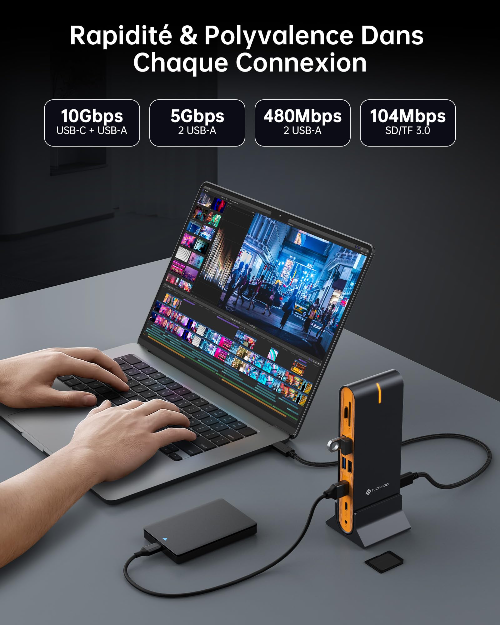 NOVOO Docking Station USB C 15-en-1 Triple Moniteur 8K Displayport Double 4K HDMI 10Gbps USB-A+C Hub Thunderbolt USB C Dock pour Mac M1/M2/M3/M4 Pro/Max, Mac Mini,Windows Laptops, Ordinateur Portable