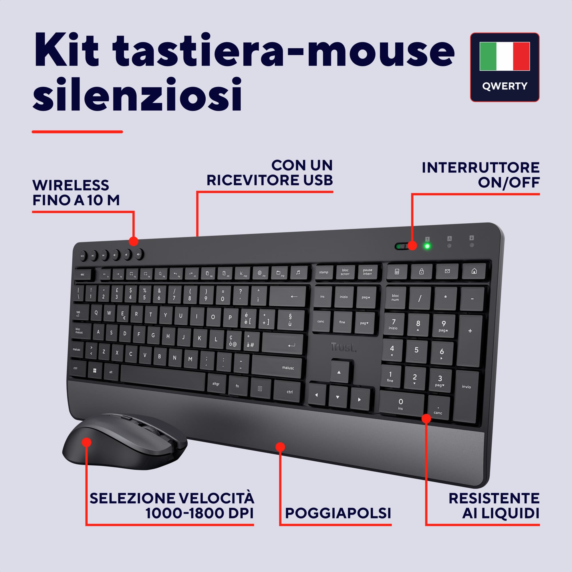 Trust Trezo Tastiera e Mouse Wireless, Layout Italiano QWERTY, Design Sostenibile, Combo Silenzioso e Ergonomico, Durata Batteria 48 Mesi, 2.4 GHz, Ricevitore USB, Resistenza ai Liquidi, PC, Laptop