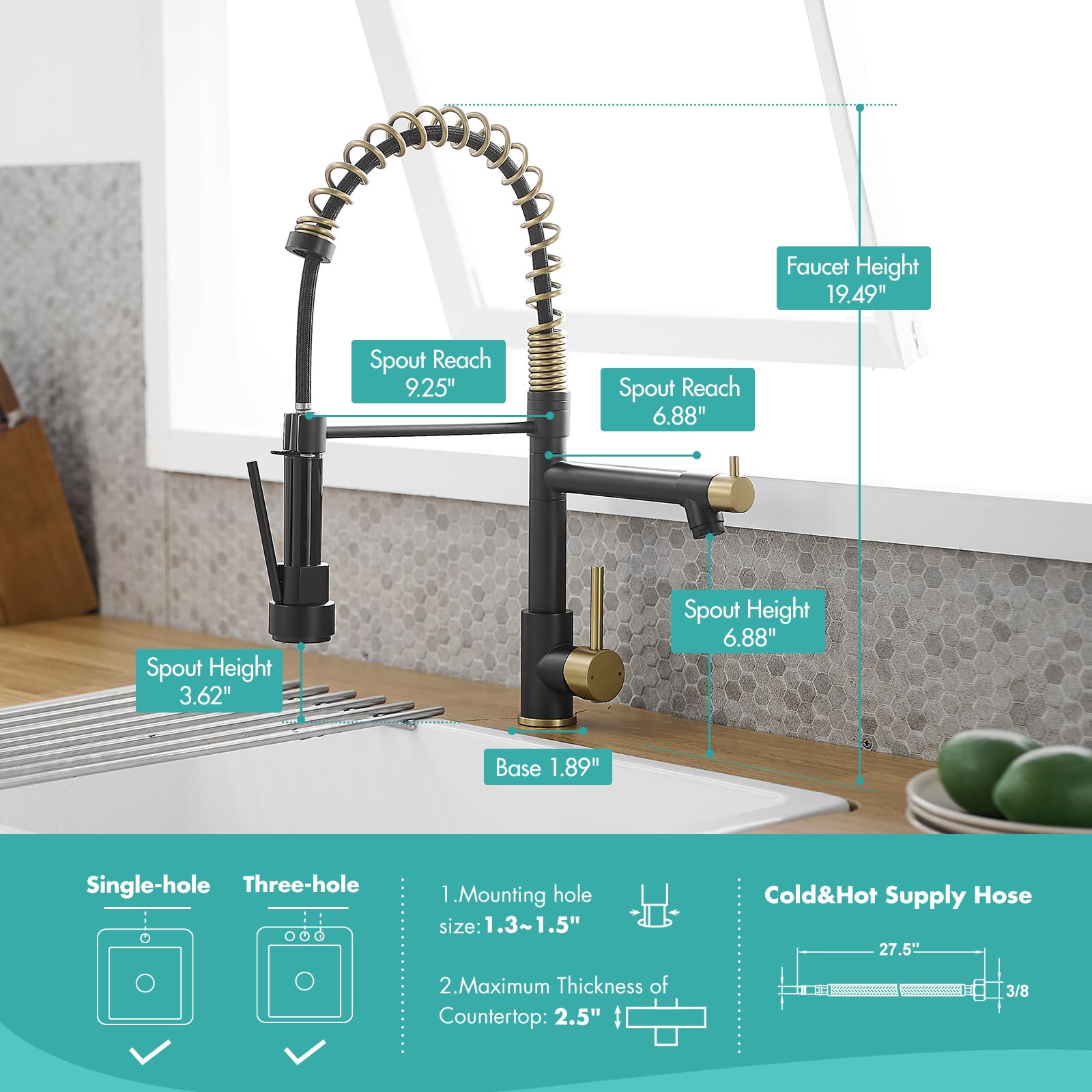 AIMADI Robinet de cuisine, robinet de cuisine noir avec pulvérisateur, robinet de cuisine noir mat de style commercial robinet d'évier de cuisine à trou unique