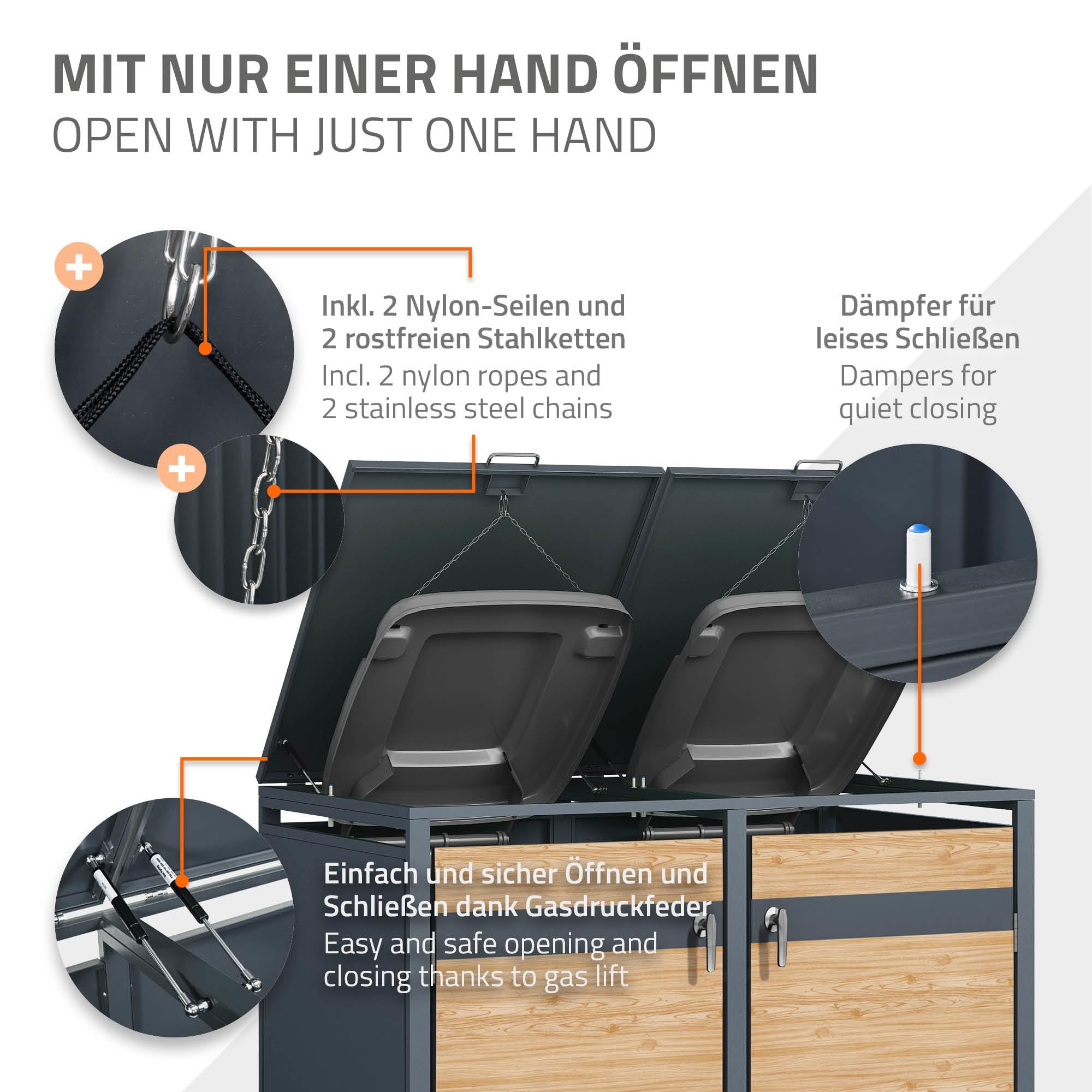 ML-Design Box pour 2 Poubelles, jusqu'à 240L,132x80x116,3 cm, en Acier, Anthracite/Aspect Mélèze, Résistant aux Intempéries, Habillage de Poubelle, Couvercle Rabattable/2 Portes, Conteneur Abri Hangar