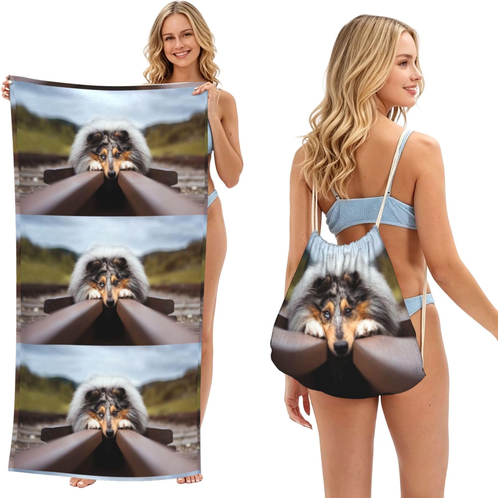 Poadnly As Picture Rough Collie Bokeh Railway Dogs Pets Rough, 2 In 1 Packable Towel Bag, Beach Towels With Drawstring Backpack For Travel Holiday Camping