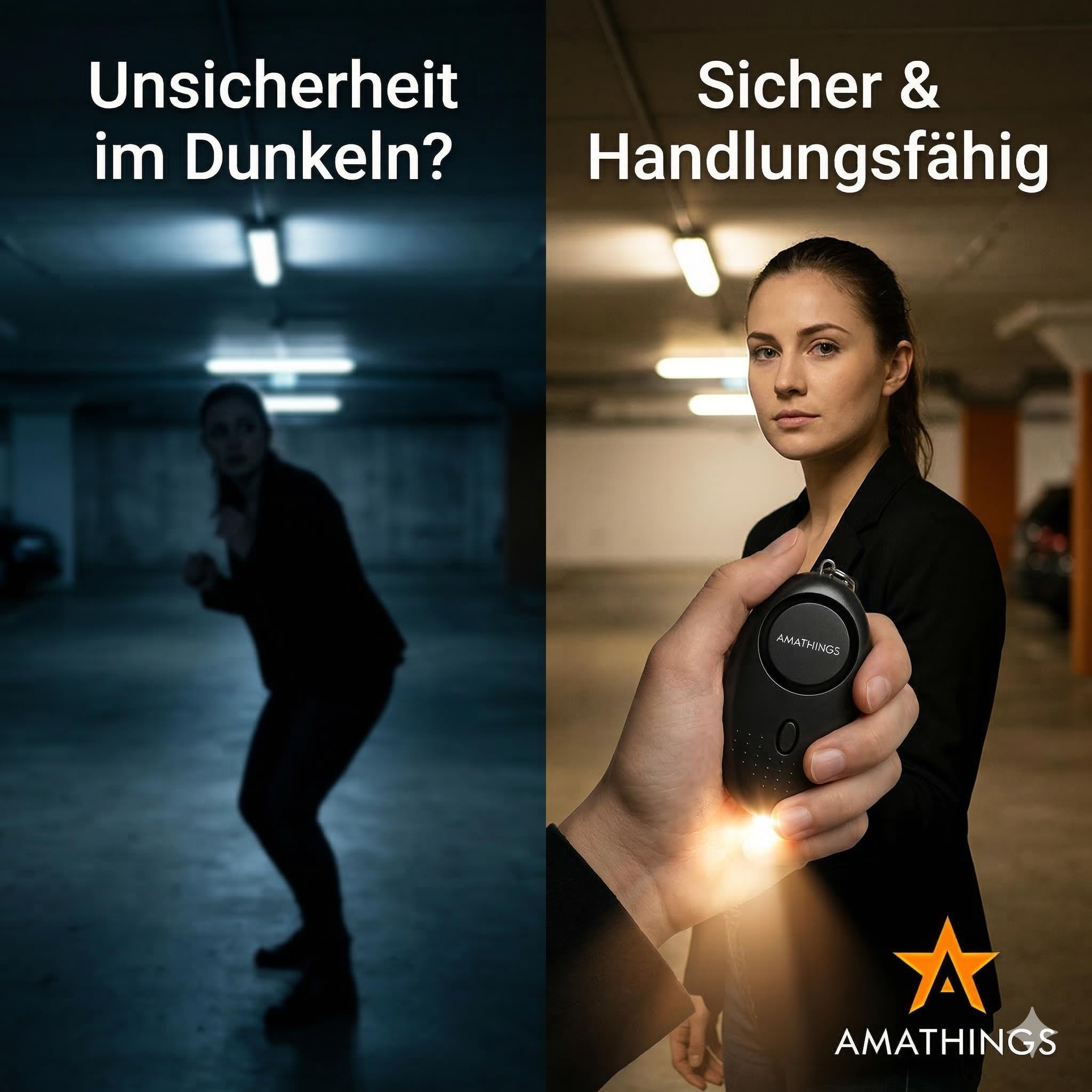 AMATHINGS Set di 2 allarmi tascabili [140dB deterrente] – Braccio panico mobile per portachiavi e borsa – aiuto immediato con luce LED – Protezione comprovata per donne, bambini e anziani – Nero