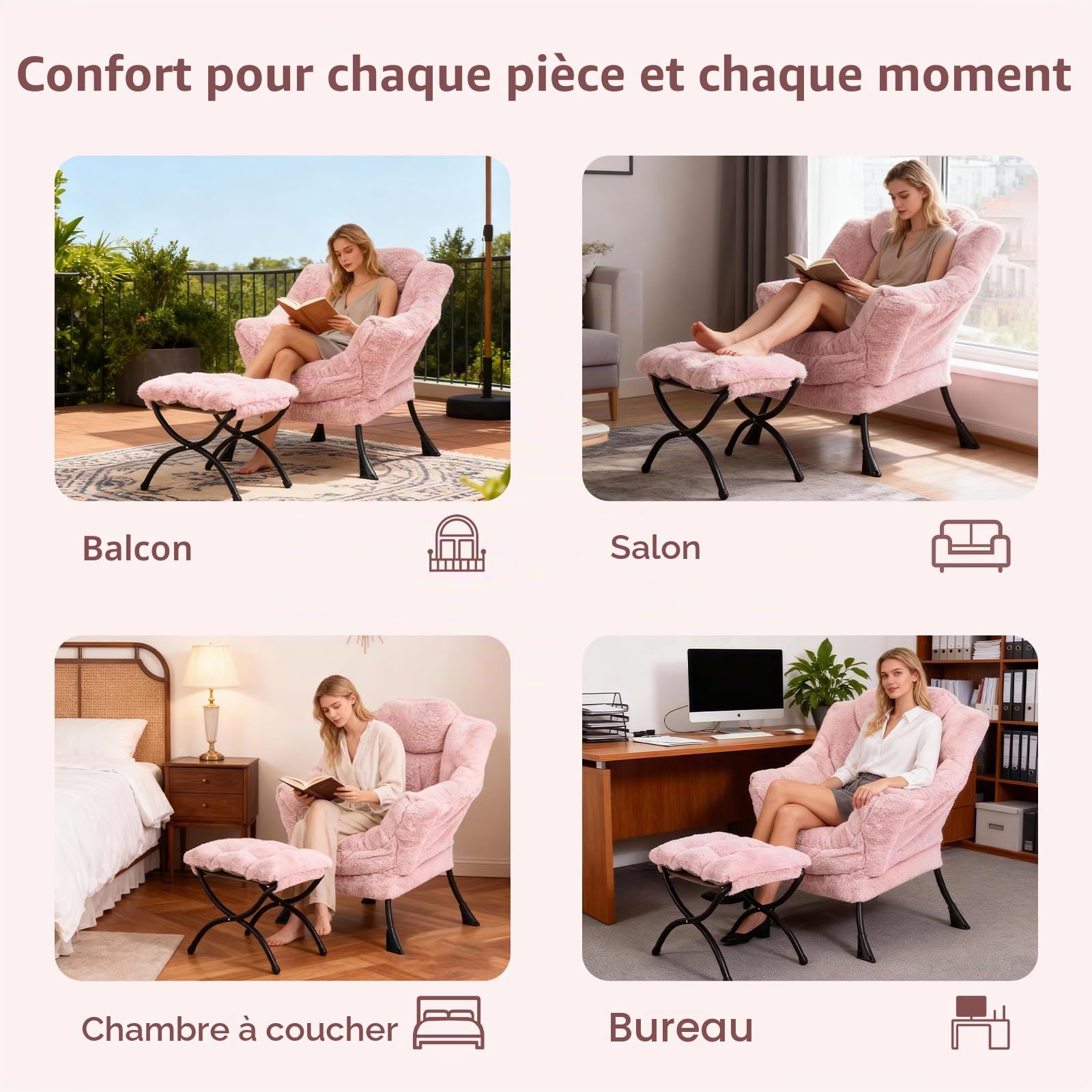 Lazy Chaise avec méridienne, chaise d'accentuation moderne, fauteuil de salon contemporain avec accoudoirs, chaise de lecture pour salon, chambre à coucher, bureau
