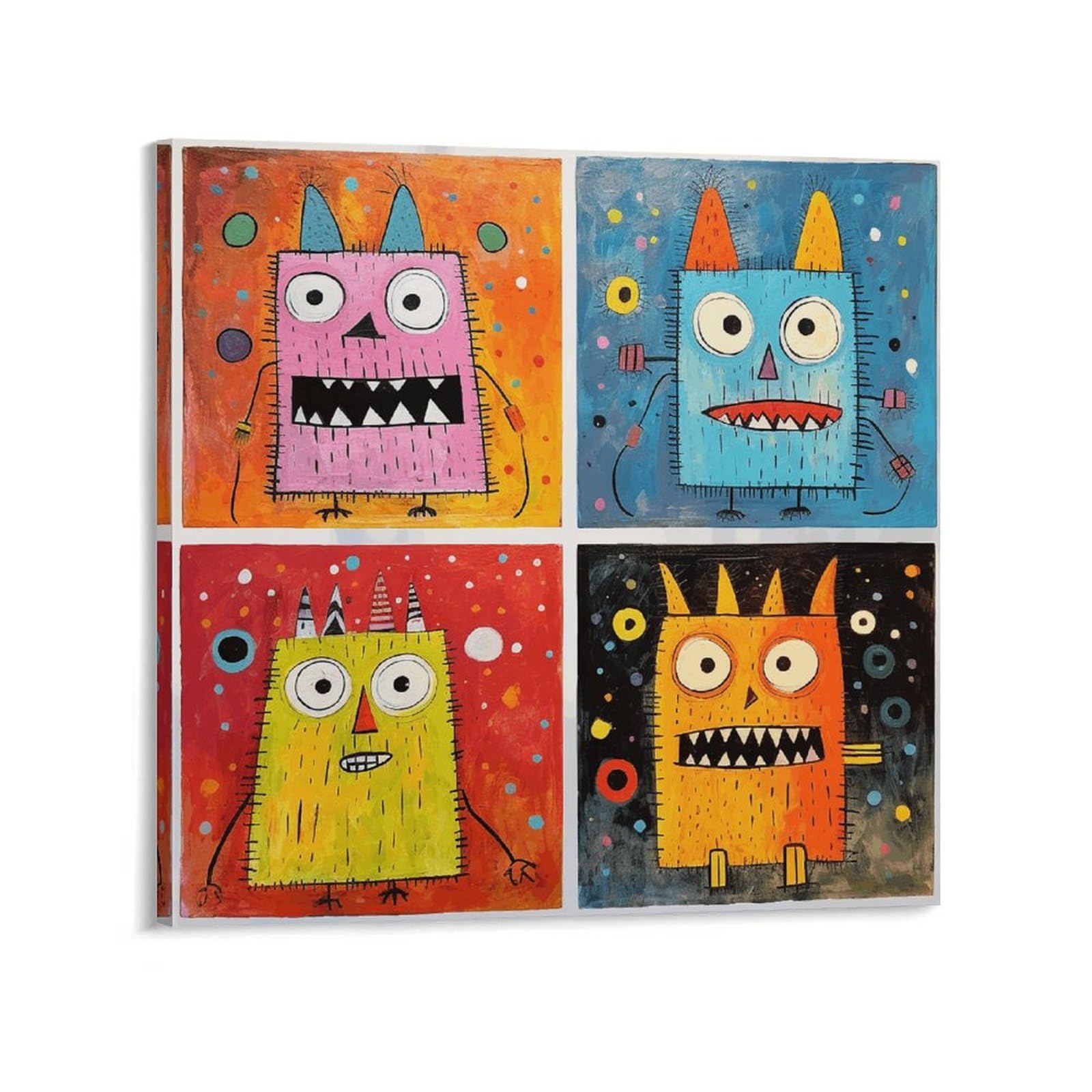 Four Colorful Monsters Canvas Wall Art for Bedroom 28x28inch(70x70cm) Canvas Prints Artwork for Walls Modern Picture Artwork Painting for Living Room Aesthetic Wall Paintings for Bathroom Kitchen Offi