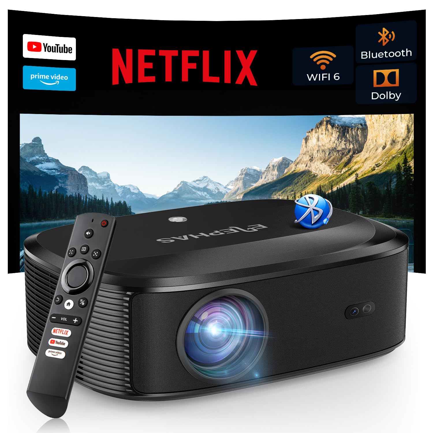 ELEPHAS 4K Projector with Wifi and Bluetooth, Outdoor Movie Projector with NETFLIX/Prime Video/YouTube Built-in, 100,000+ Apps Supported, Video Projector Compatible with HDMI/USB/iOS/Android/Windows