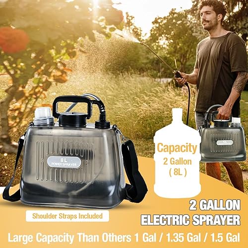 Miniatura 4 de Pulverizador a batería de 2 galones, potente rociador eléctrico de jardín con 4 boquillas de niebla, correa de hombro ajustable, mango recargable y