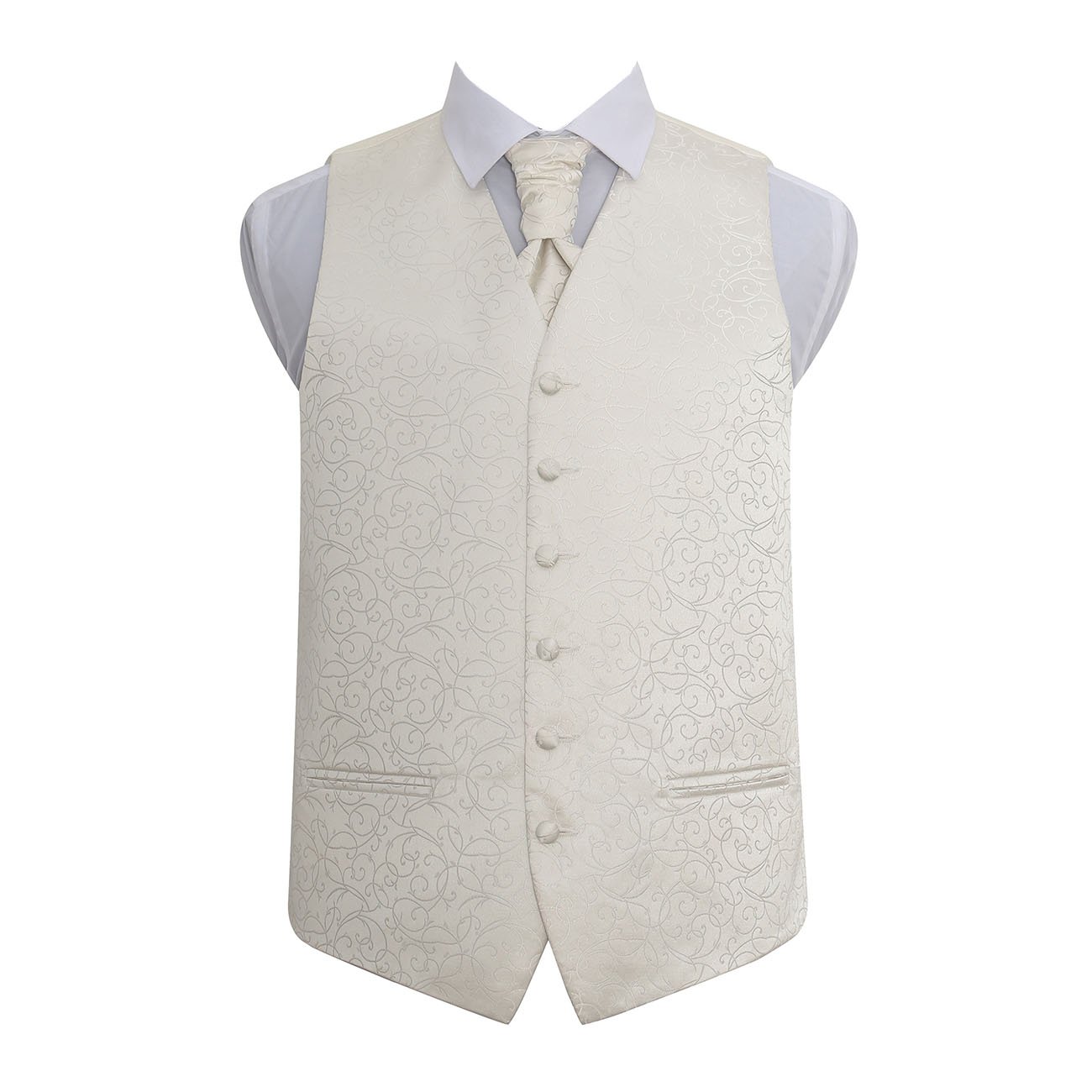 Dqt Men's Ivory Swirl Floral Jacquard Waistcoat, Cravat, Pocket Square & Cufflinks Set (4Pc) - Wedding, Business & Formal - 38" (M)