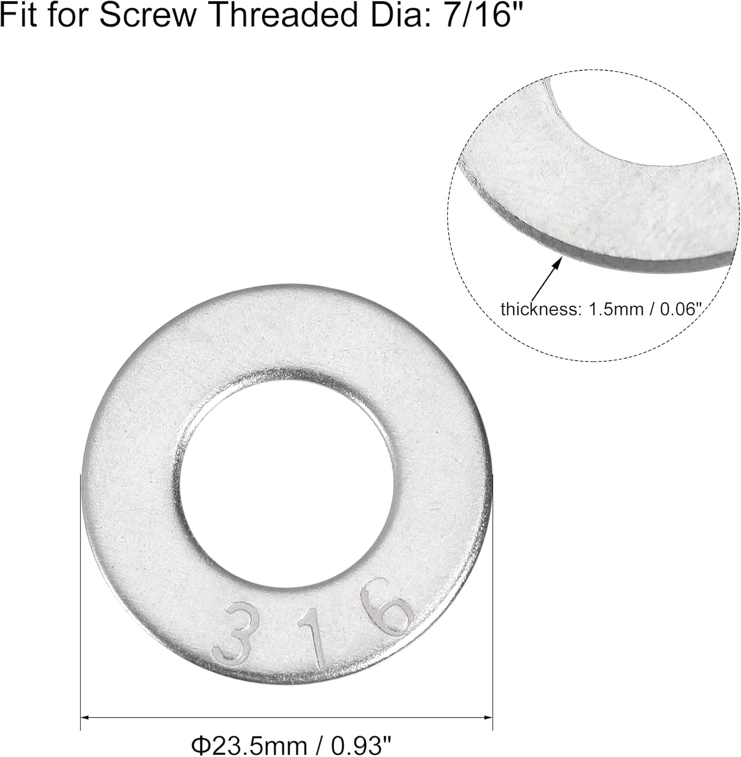 sourcing map 7/16" 316 Stainless Steel Flat Washer for Screw Bolt 50Pcs - Image 4