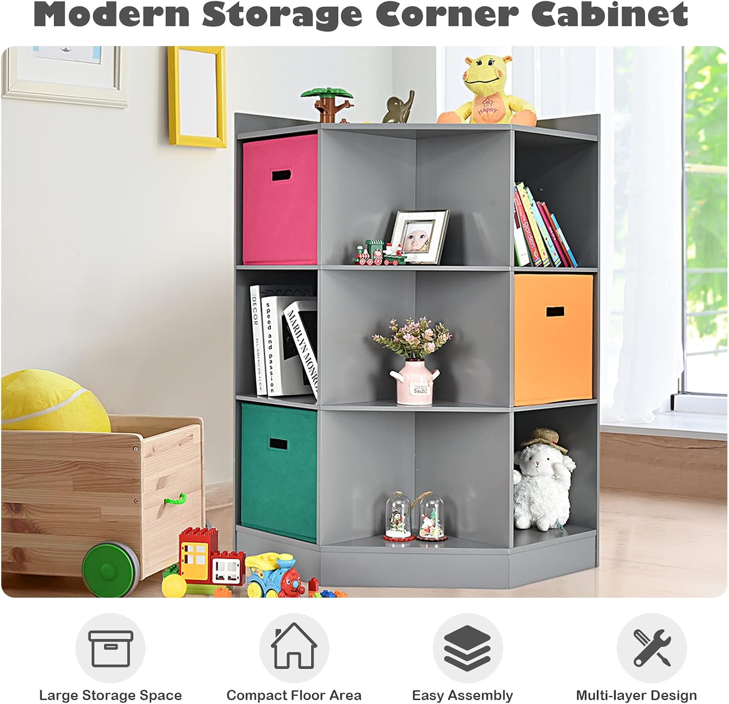 HONEY JOY Kids Toy Storage Organizer, 9-Cubby Toy Bin Organization Storage Cabinet w/Display Shelf & 3 Removable Basket, Wooden Corner Storage Unit for Playroom, Kids Bedroom, Nursery Daycare(Gray)