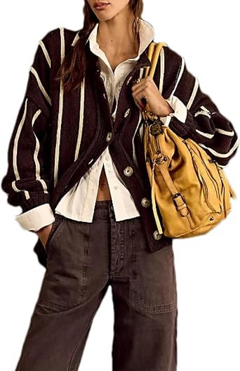 Bozanly Womens Striped Cardigan Sweaters Casual Long Sleeve Open Front Button Up Knit Outerwear Tops