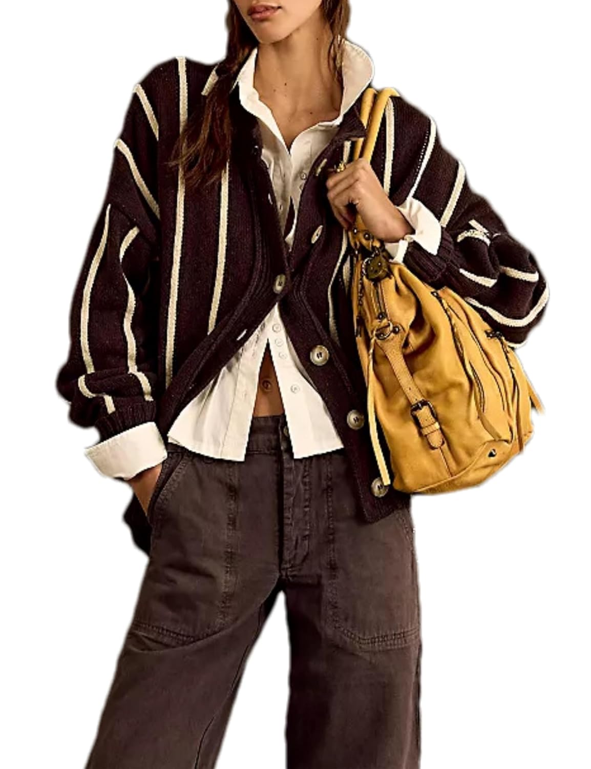 Bozanly Womens Striped Cardigan Sweaters Casual Long Sleeve Open Front Button Up Knit Outerwear Tops