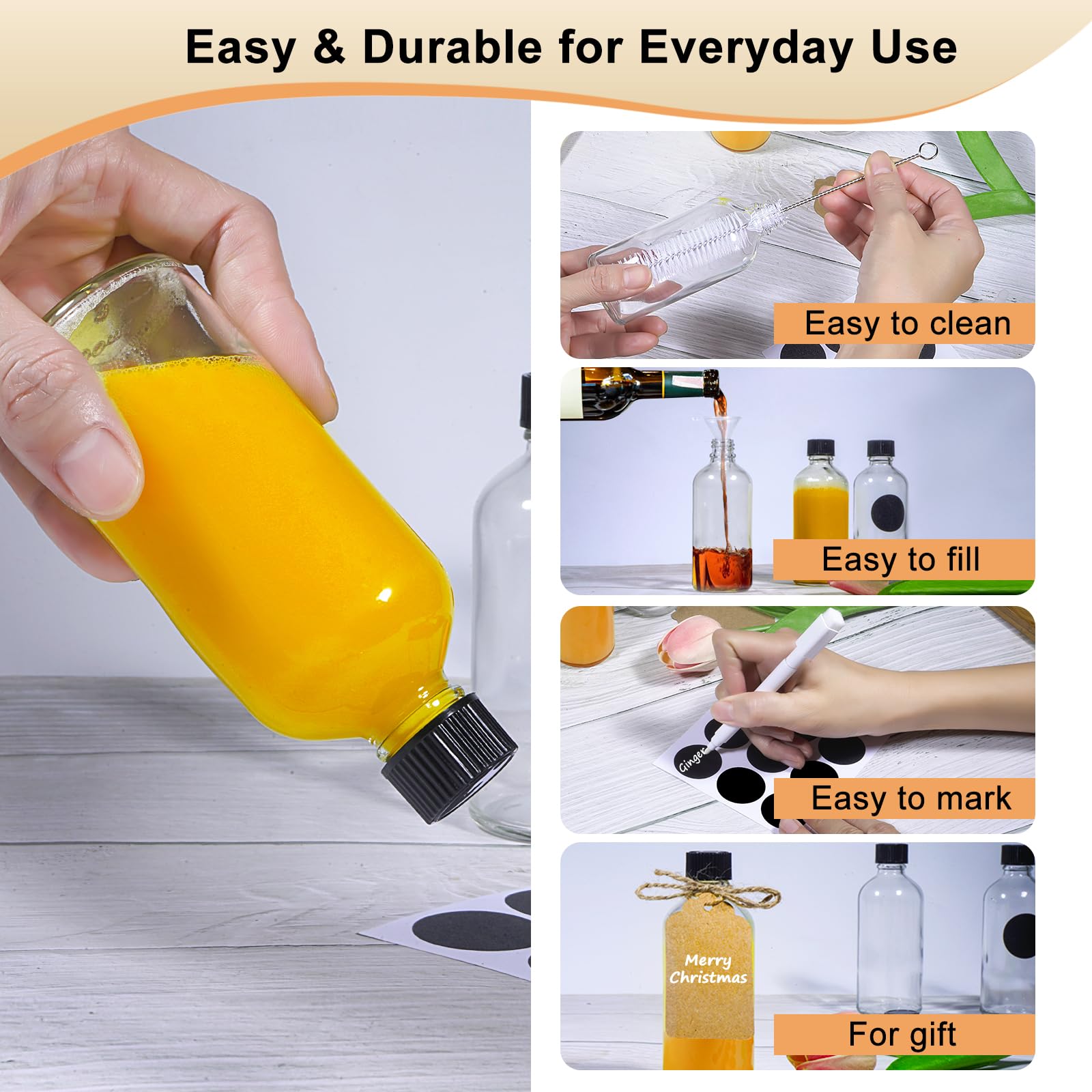 Mispudin 8-Pack 100ml Glass Bottles with Lids, Small Glass Ginger Shot Bottles, Empty Juice Shot Bottle with Lids, Funnel - Image 4