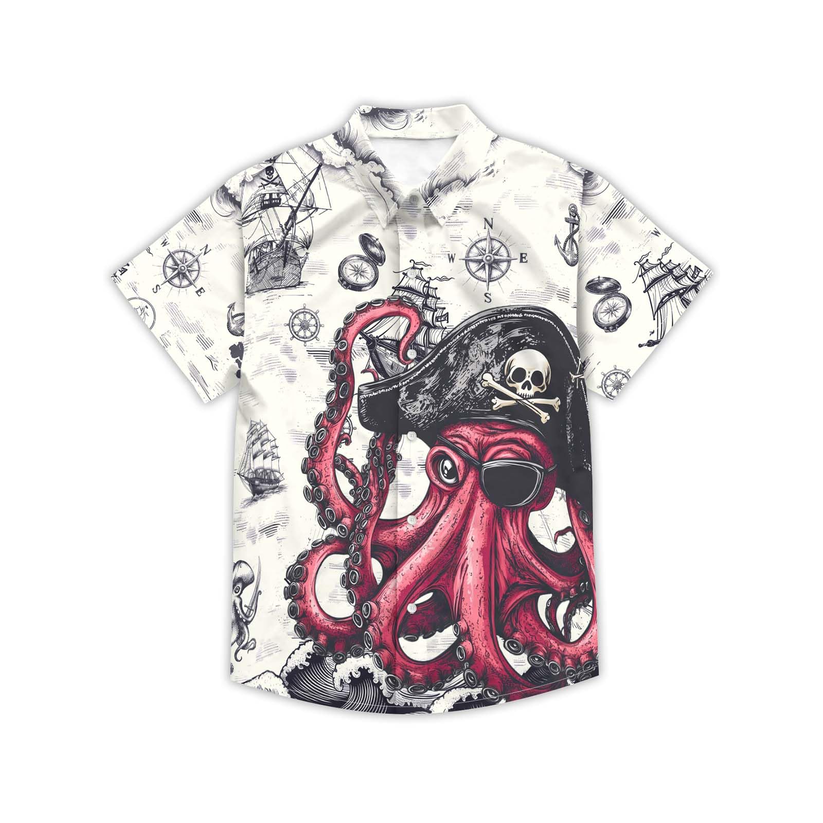 THE PIRATE KING Funny Pirate Hawaiian Shirt Boys Girls Beach Tropical Casual Short Sleeve Button Down Shirt for 5-14 Years