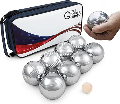 Idle Banter Boules Game Set - Flag Themed Carrying Case with 8 Premium 73 mm Petanque Balls, Fun & Portable Outdoor Lawn Game for All Ages, Classic French Sport for Skill & Strategy